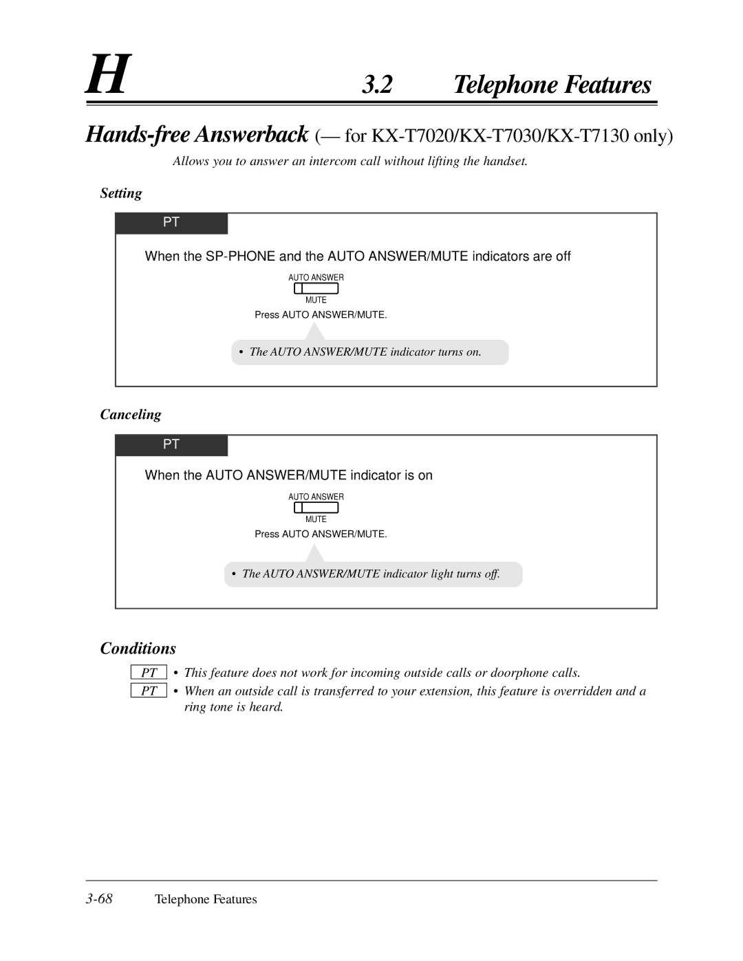 Panasonic KX-TA624 user manual When the Auto ANSWER/MUTE indicator is on, 68Telephone Features 