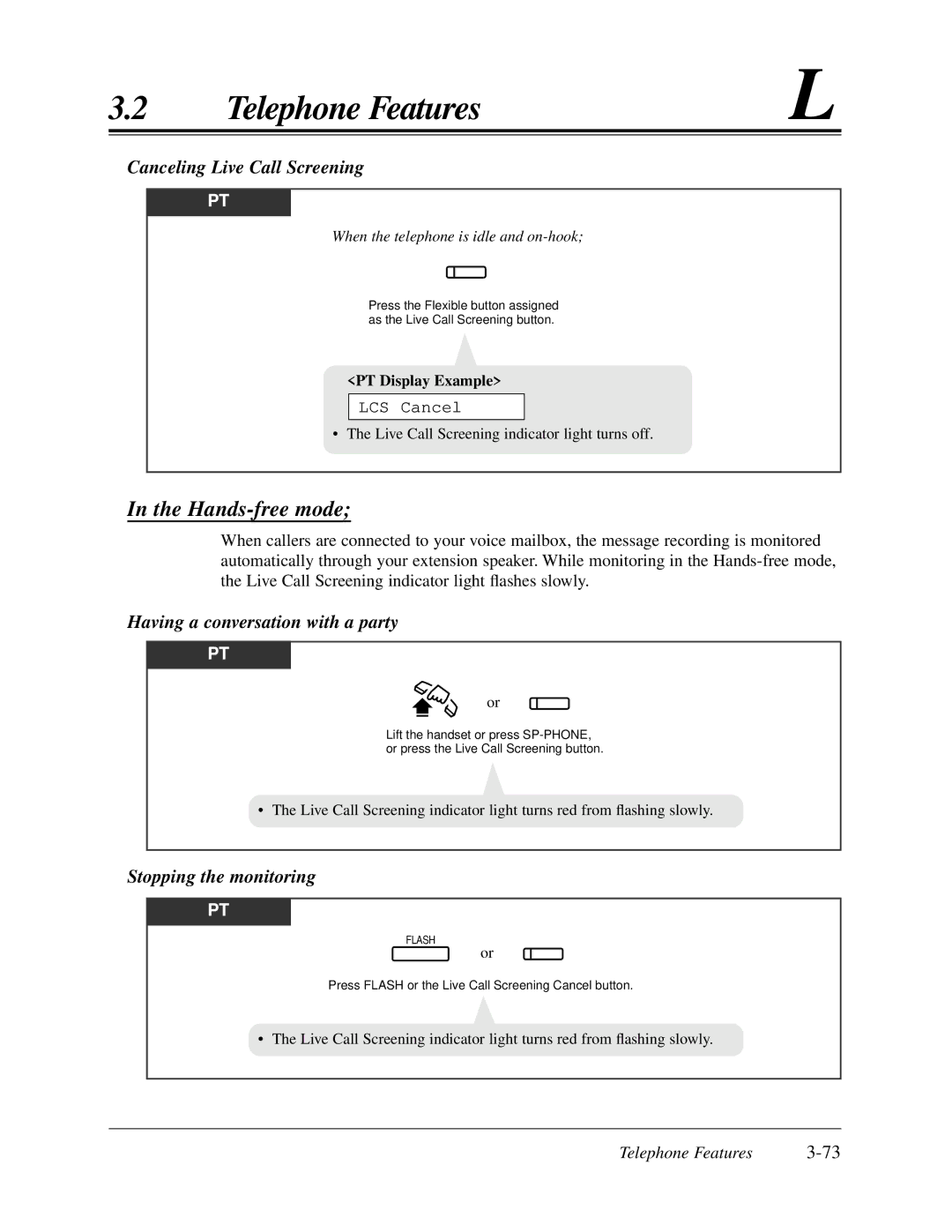 Panasonic KX-TA624 user manual Hands-free mode, Canceling Live Call Screening, Having a conversation with a party 