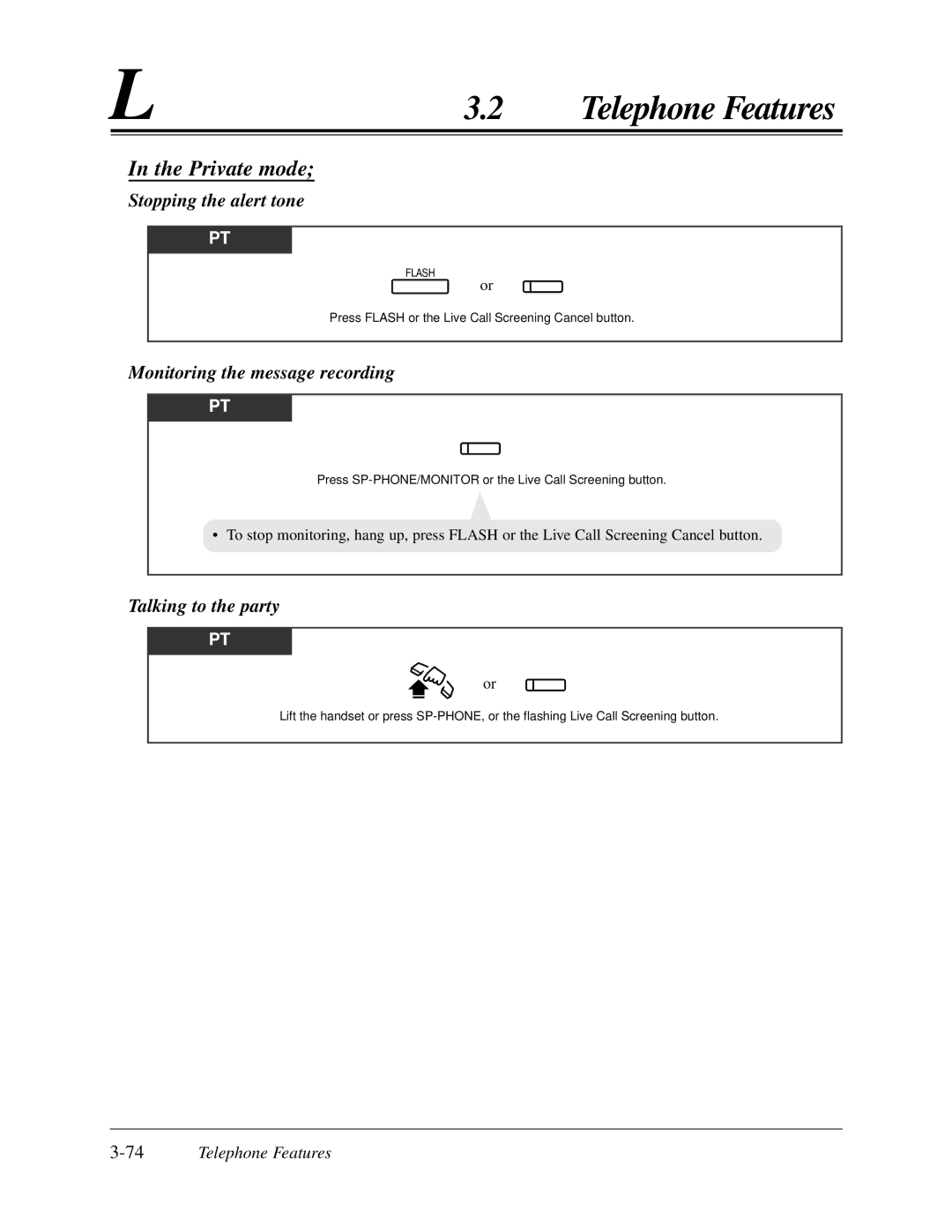 Panasonic KX-TA624 Private mode, Stopping the alert tone, Monitoring the message recording, Talking to the party 