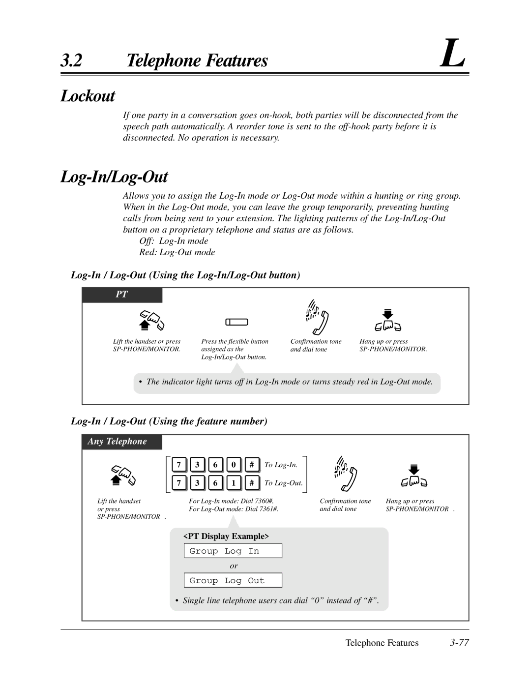 Panasonic KX-TA624 user manual Lockout, Log-In / Log-Out Using the Log-In/Log-Out button, Group Log Group Log Out 