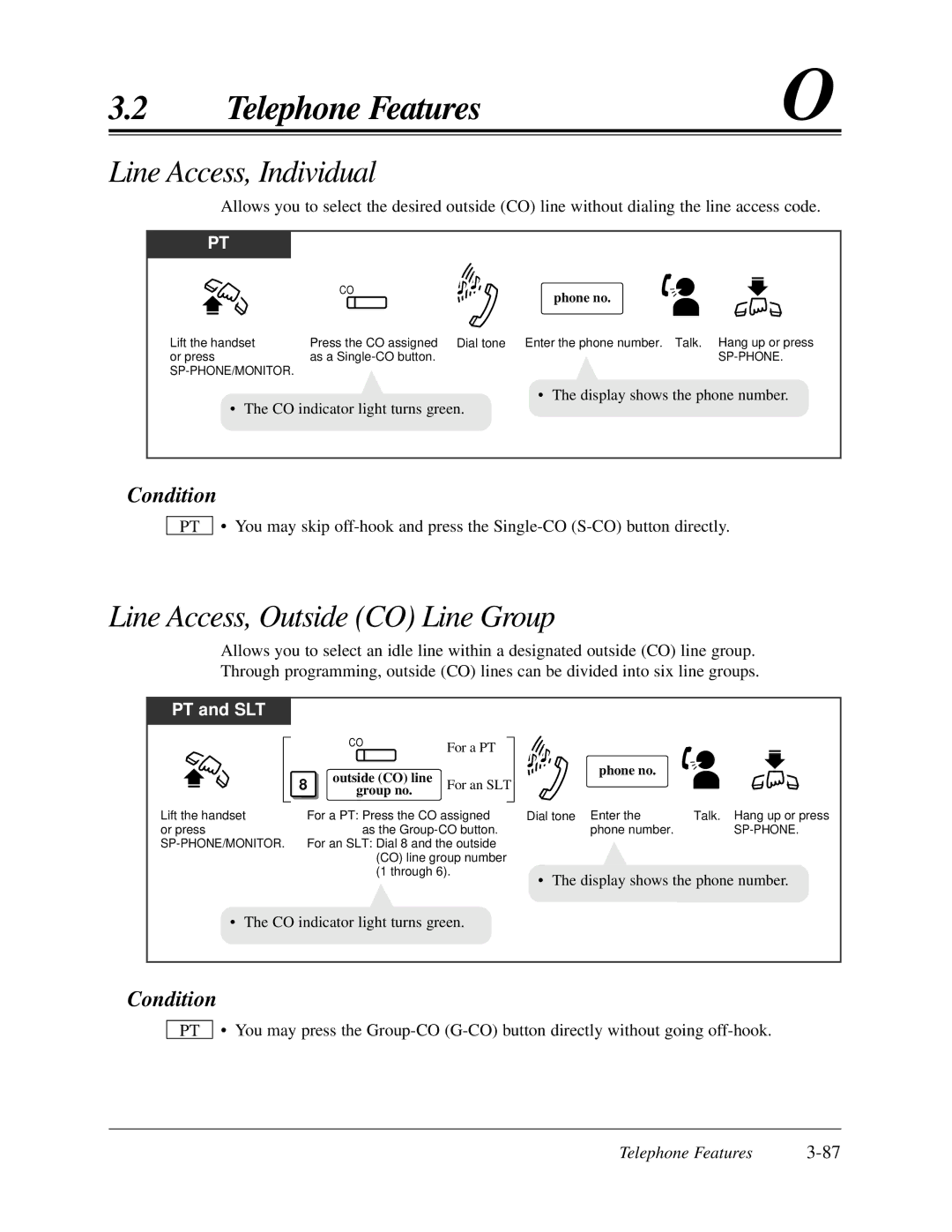 Panasonic KX-TA624 user manual Line Access, Individual, Line Access, Outside CO Line Group, For a PT, For an SLT 