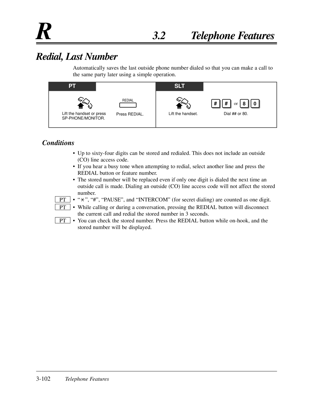 Panasonic KX-TA624 user manual Redial, Last Number, 102Telephone Features 