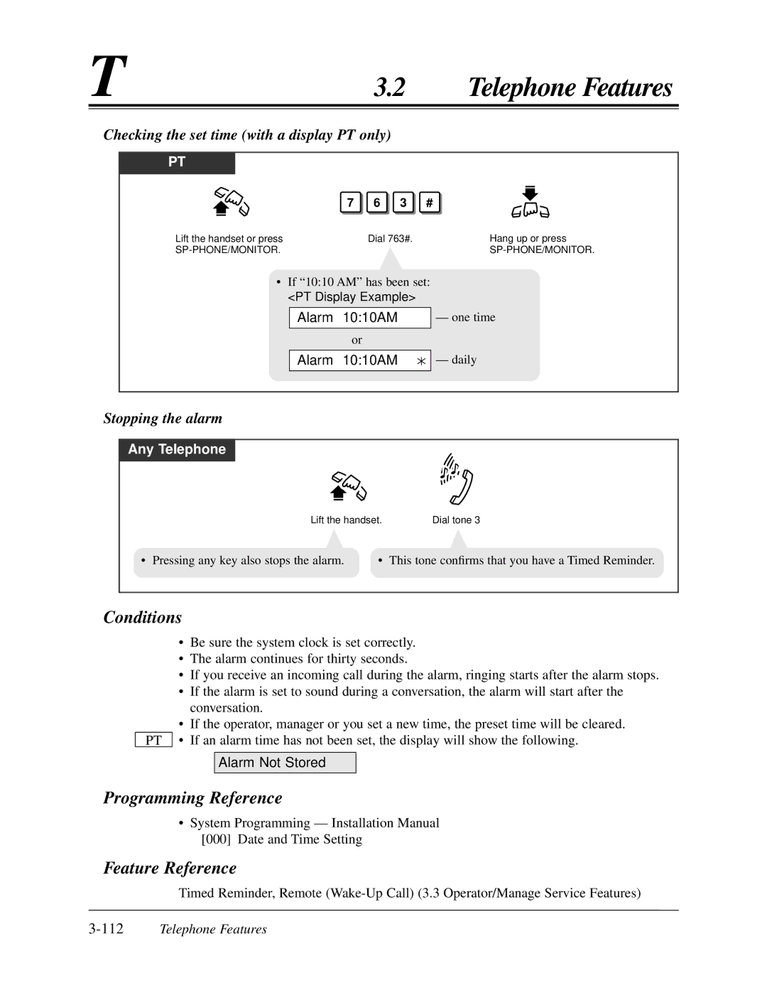 Panasonic KX-TA624 Checking the set time with a display PT only, Stopping the alarm, Alarm 1010AM, Alarm Not Stored 