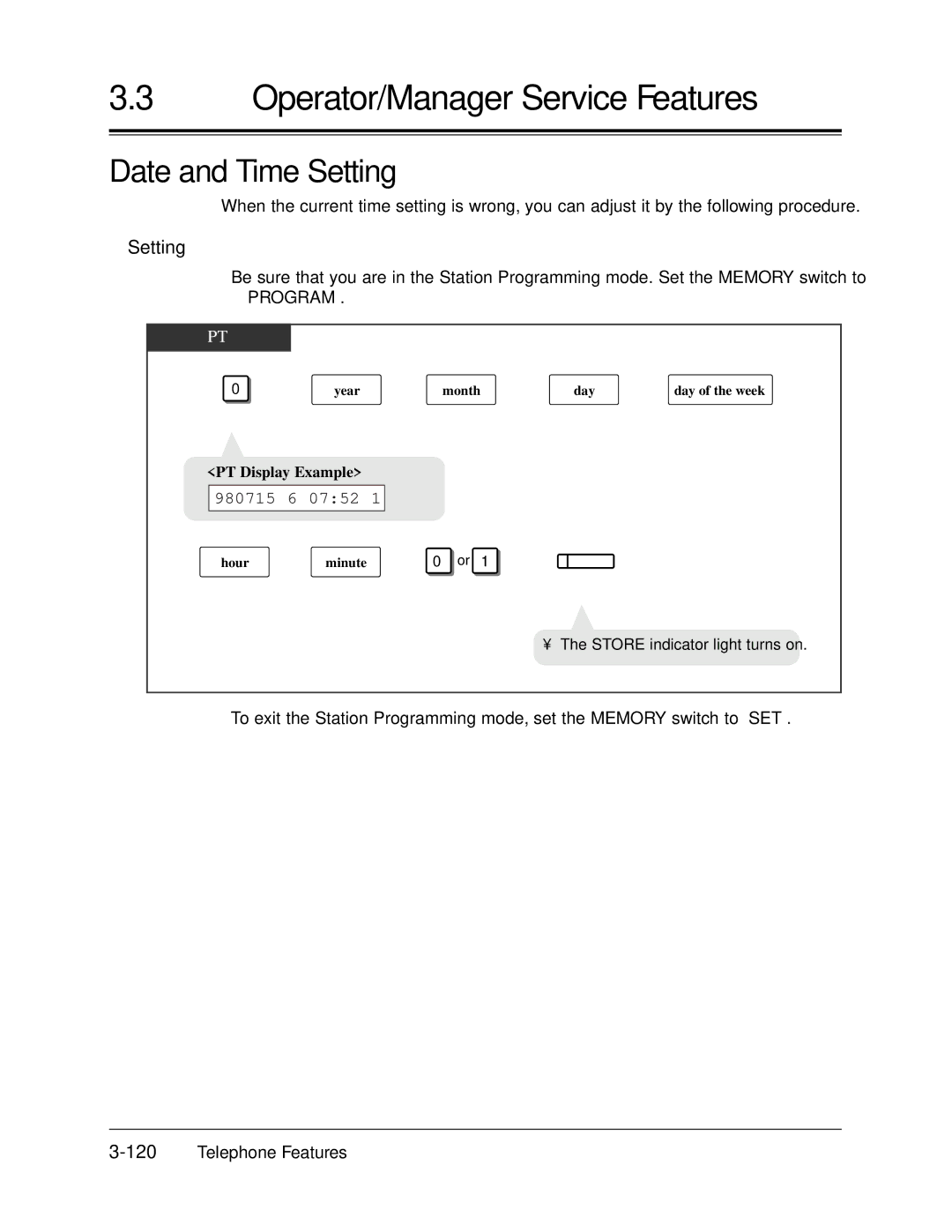 Panasonic KX-TA624 user manual Date and Time Setting, 980715 6 0752, 120Telephone Features, Month Day Day of the week 