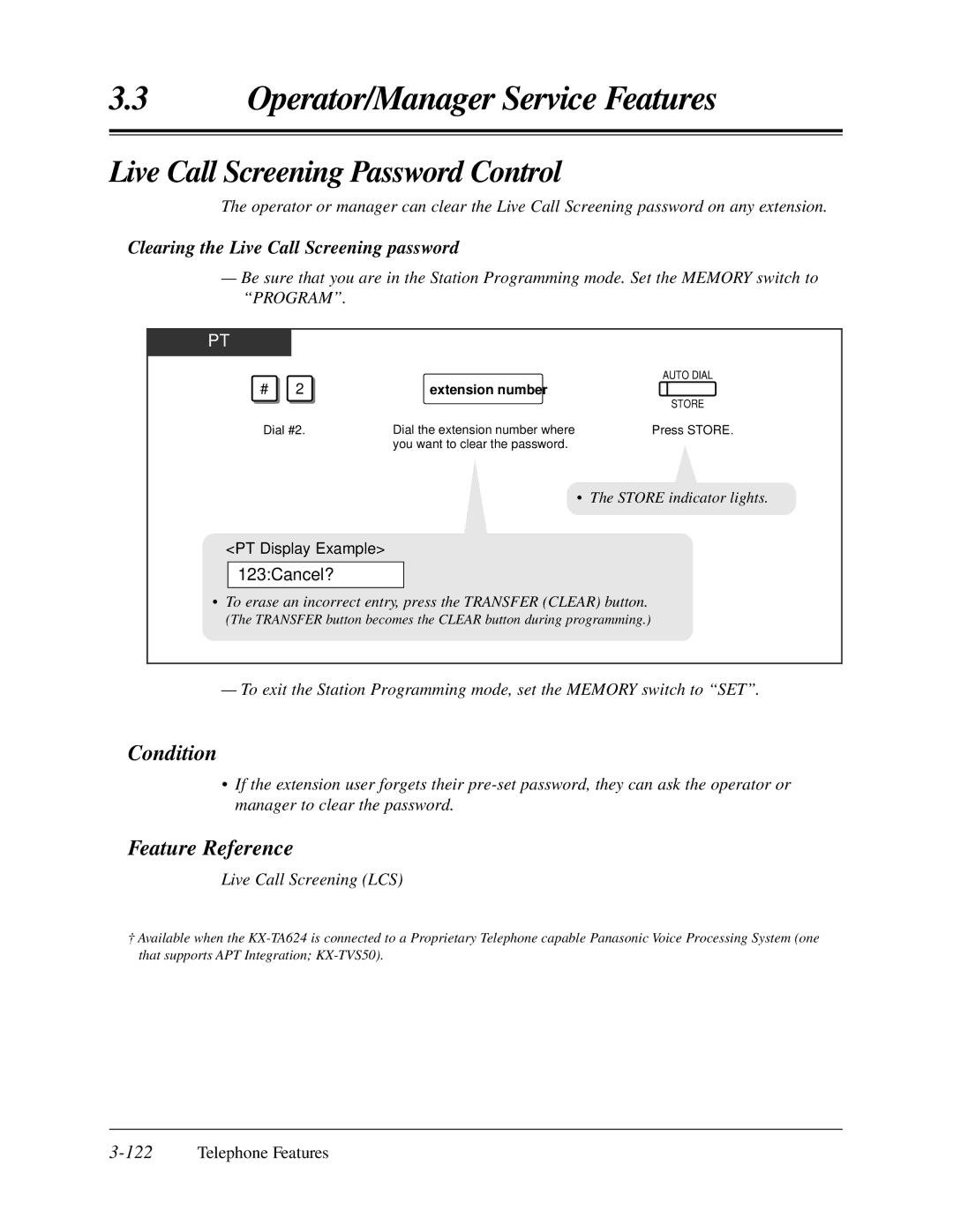 Panasonic KX-TA624 Live Call Screening Password Control †, Clearing the Live Call Screening password, 123Cancel? 