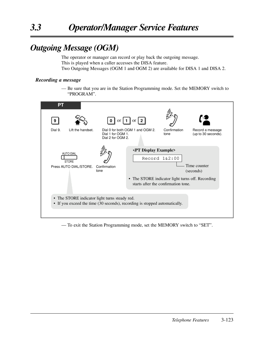 Panasonic KX-TA624 user manual Outgoing Message OGM, Recording a message, Record 1&200 