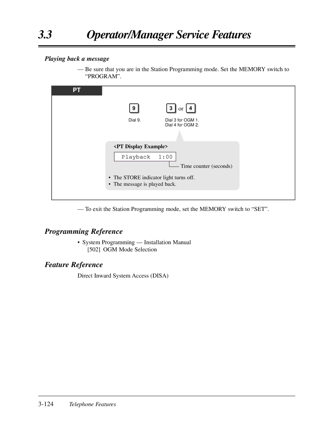 Panasonic KX-TA624 user manual Playing back a message, Playback, 124Telephone Features 