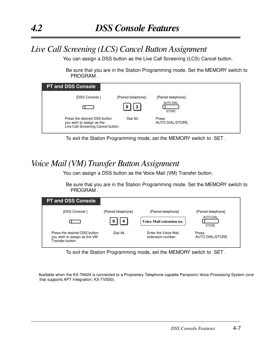 Panasonic KX-TA624 Live Call Screening LCS Cancel Button Assignment †, Voice Mail VM Transfer Button Assignment † 