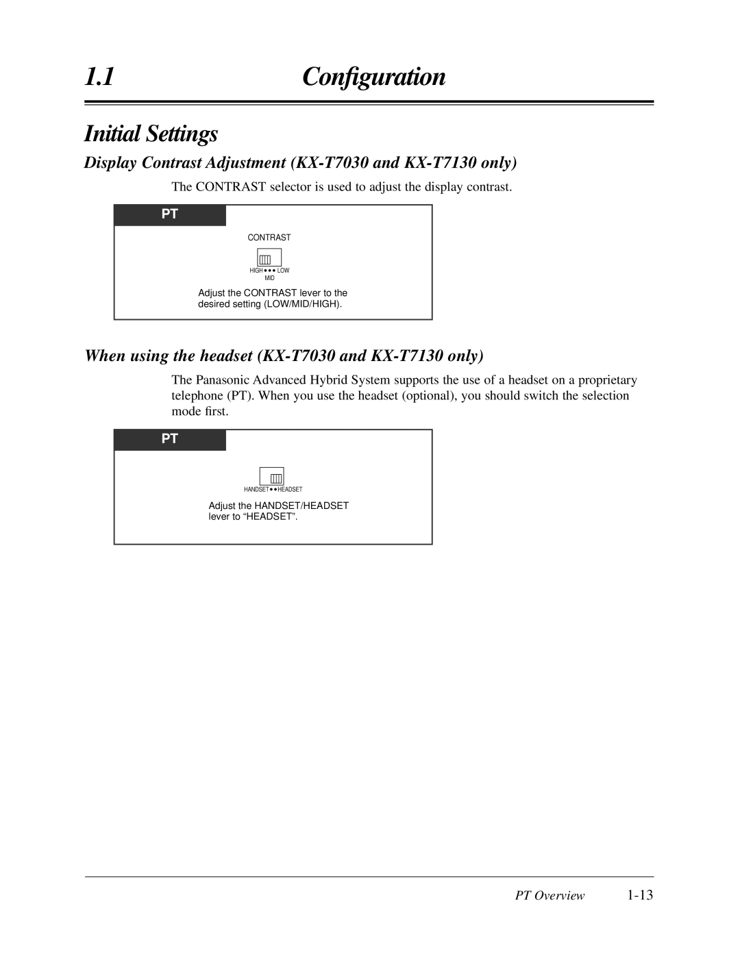 Panasonic KX-TA624 user manual Initial Settings, Display Contrast Adjustment KX-T7030 and KX-T7130 only 