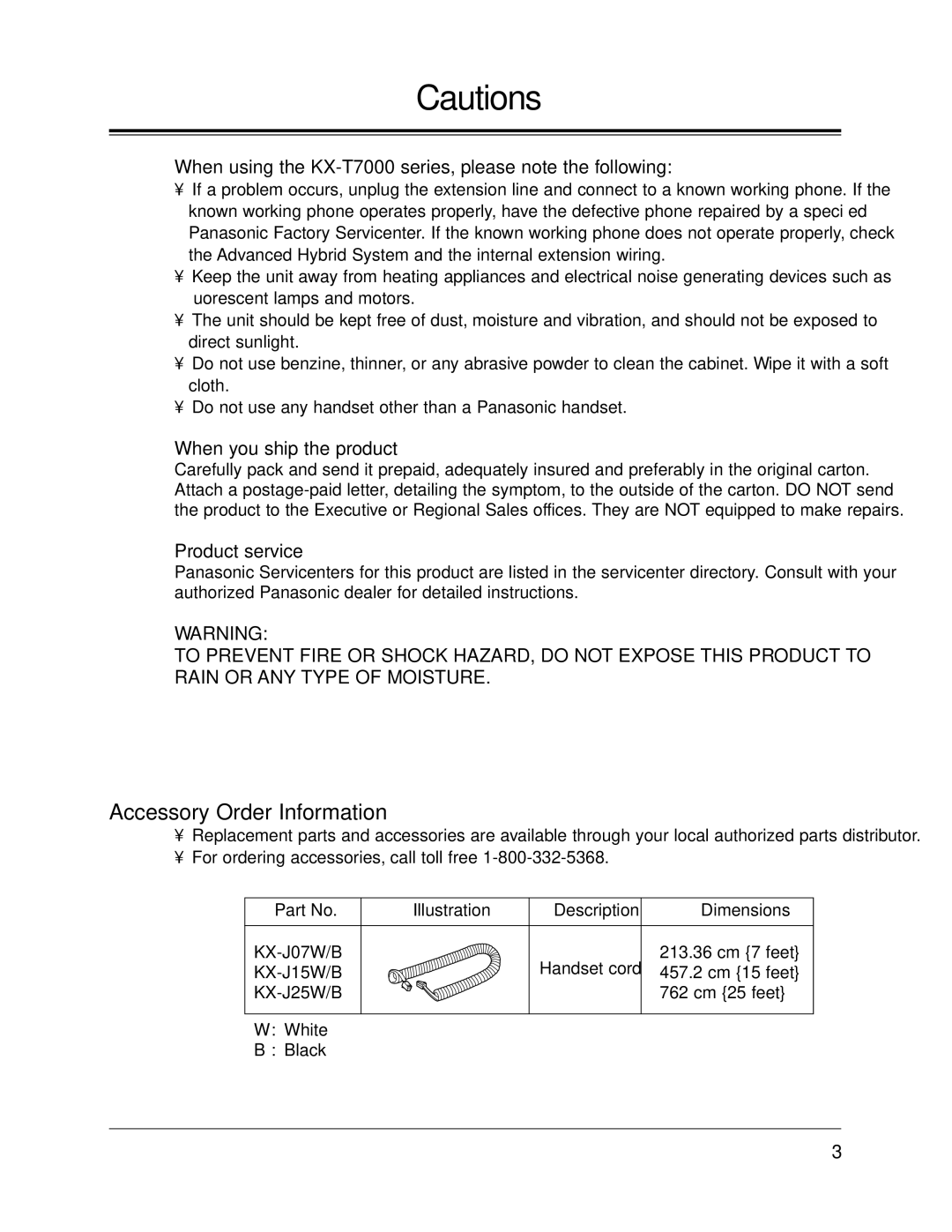 Panasonic KX-TA624 user manual Accessory Order Information, KX-J07W/B, KX-J15W/B, KX-J25W/B 