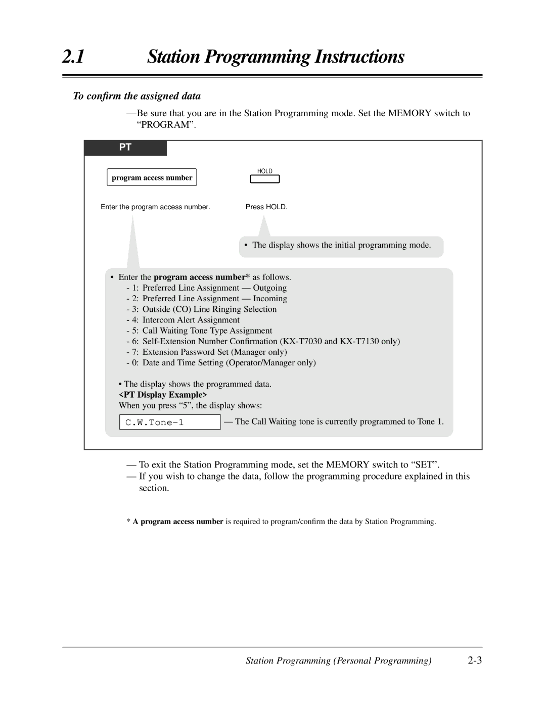 Panasonic KX-TA624 To conﬁrm the assigned data, Tone-1, Station Programming Personal Programming, Program access number 