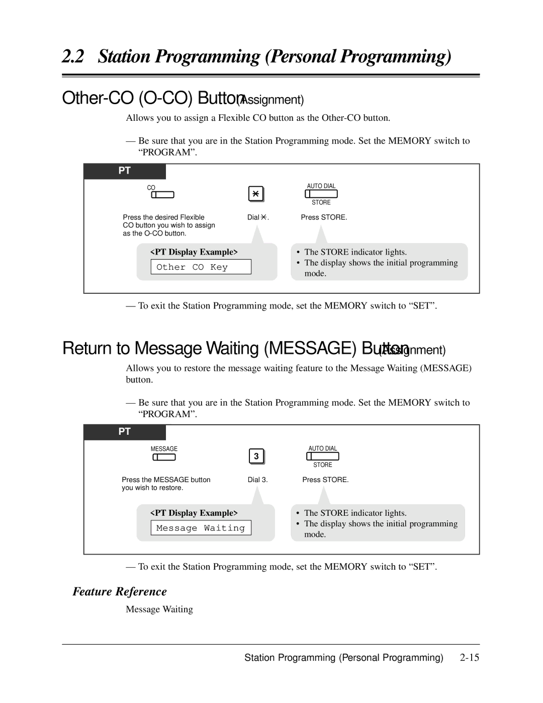 Panasonic KX-TA624 Other-CO O-CO Button Assignment, Return to Message Waiting Message Button Assignment, Other CO Key 