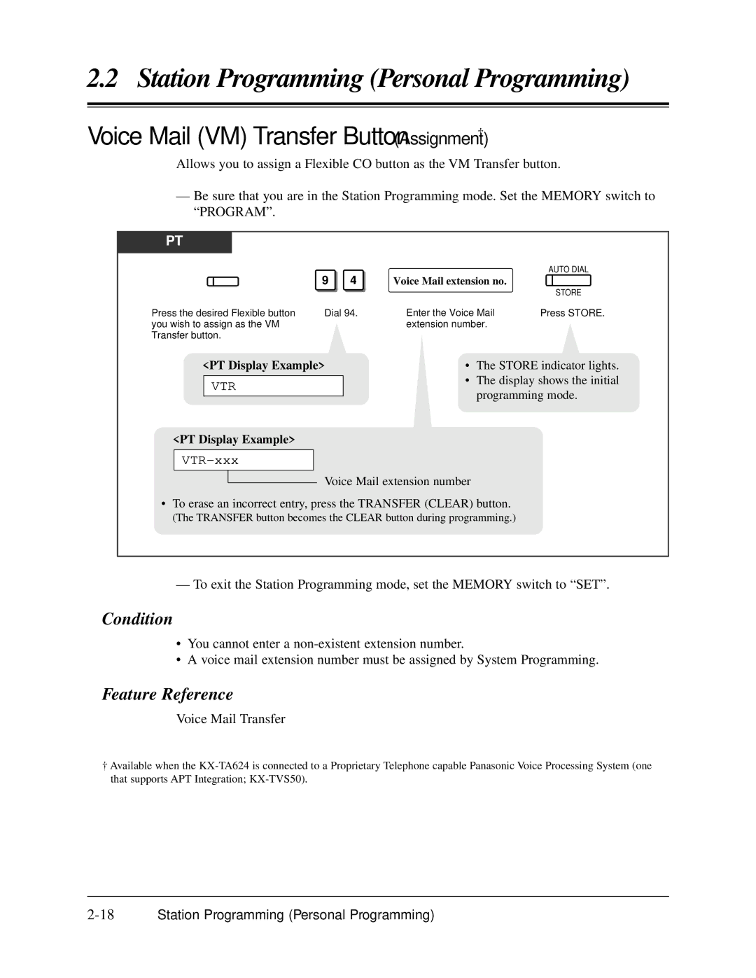 Panasonic KX-TA624 Voice Mail VM Transfer Button Assignment†, VTR-xxx, 18Station Programming Personal Programming 