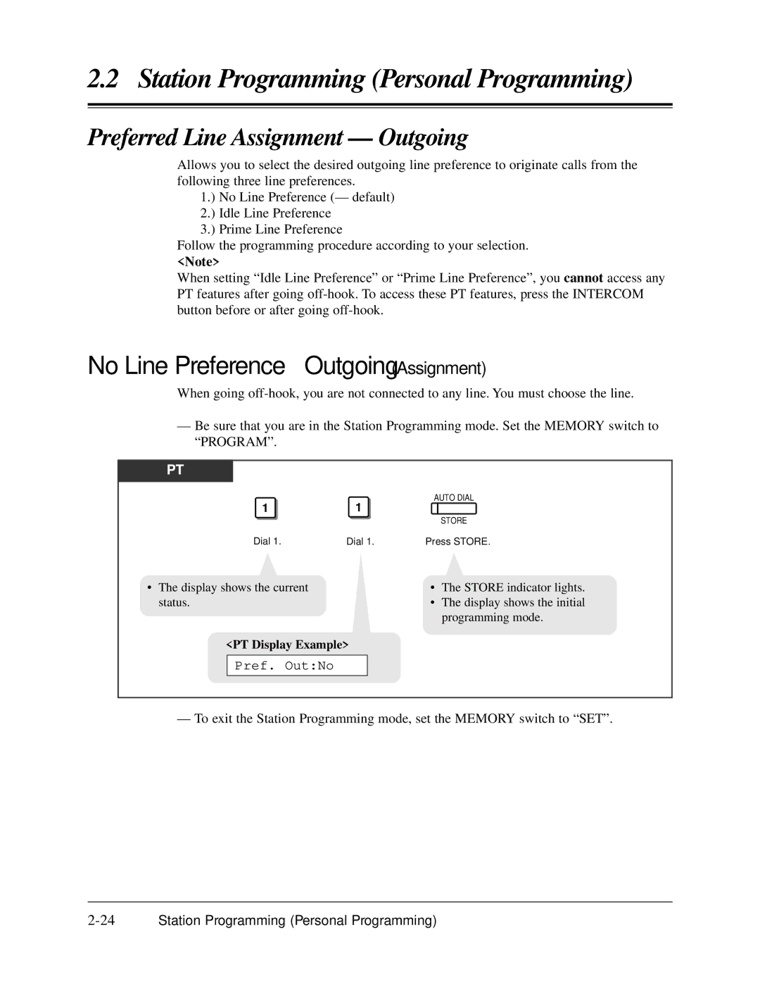 Panasonic KX-TA624 user manual Preferred Line Assignment Outgoing, No Line Preference Outgoing Assignment, Pref. OutNo 