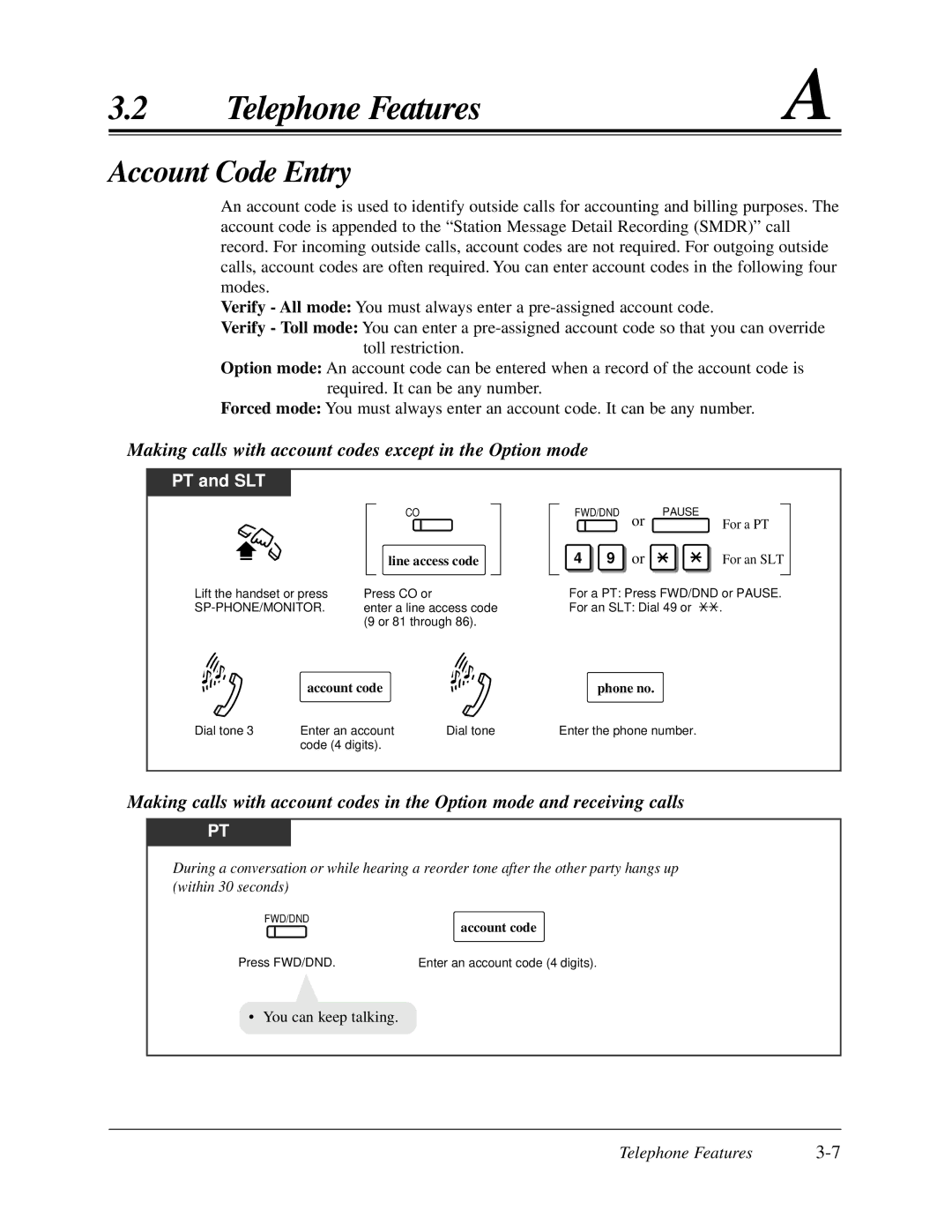 Panasonic KX-TA624 Account Code Entry, Making calls with account codes except in the Option mode, Account code, Phone no 