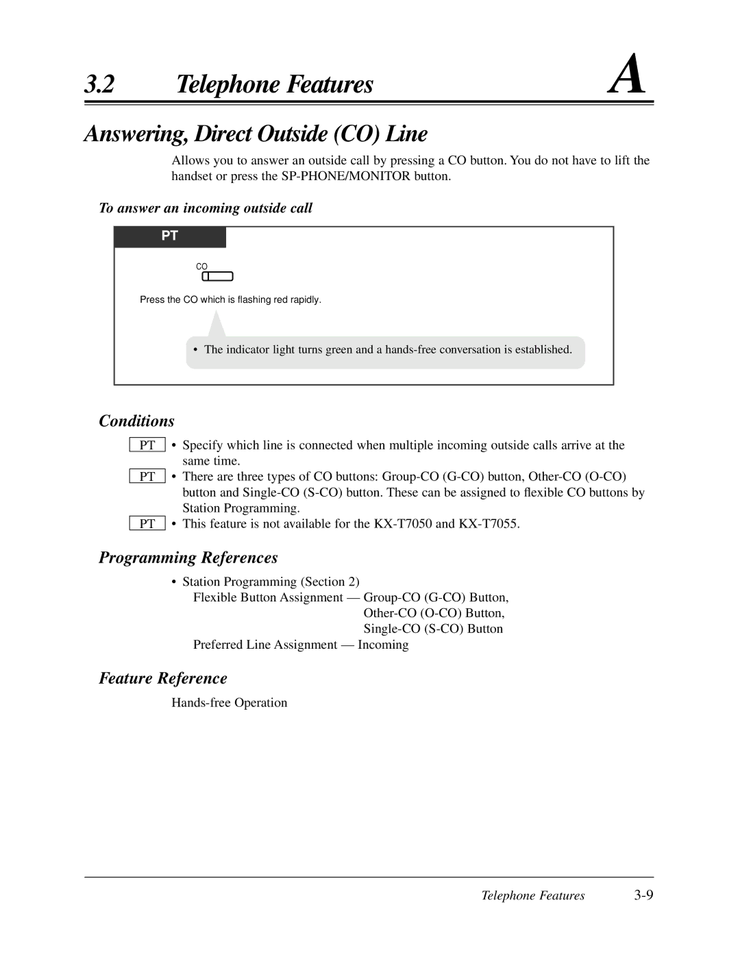 Panasonic KX-TA624 user manual Answering, Direct Outside CO Line, To answer an incoming outside call 