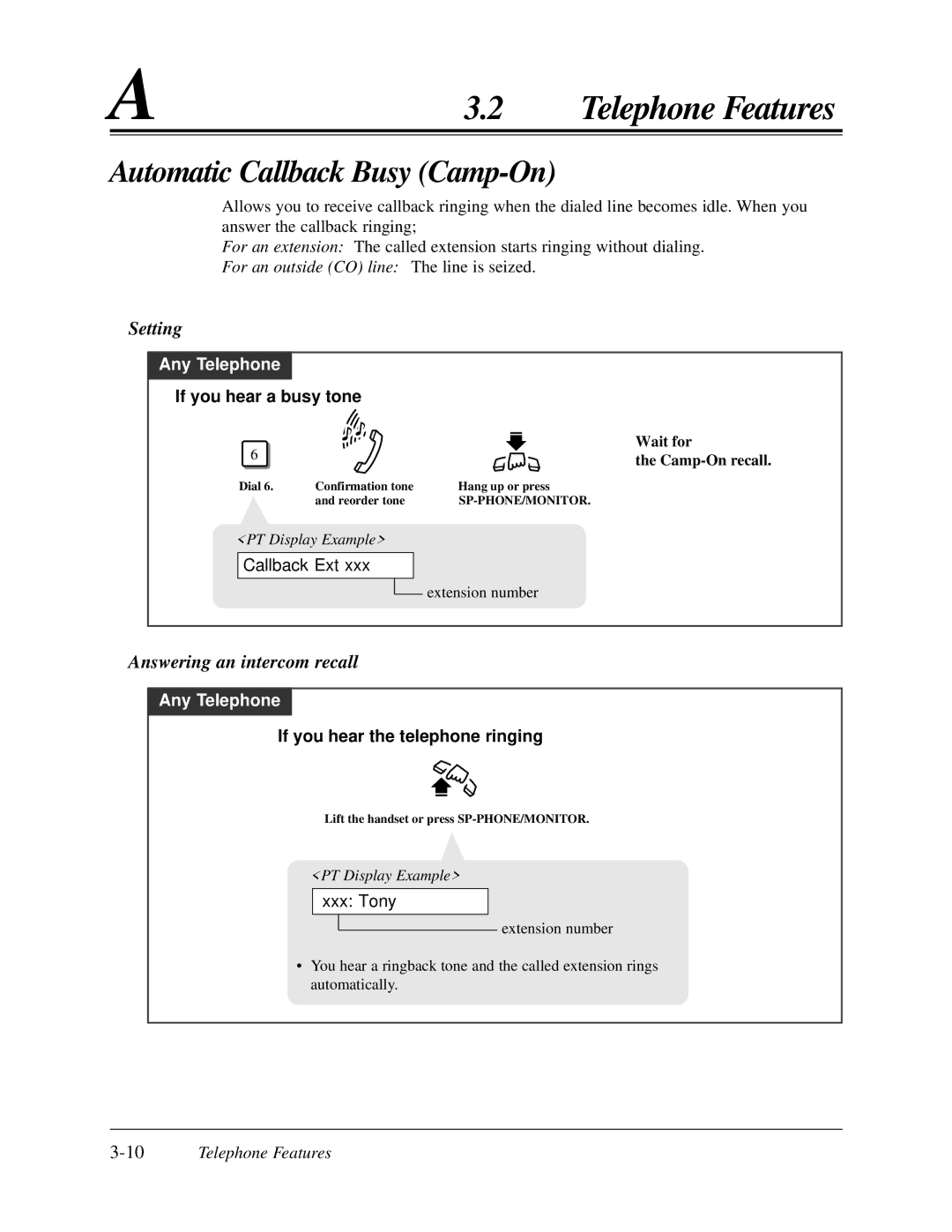 Panasonic KX-TA624 user manual Automatic Callback Busy Camp-On, Setting, Answering an intercom recall 