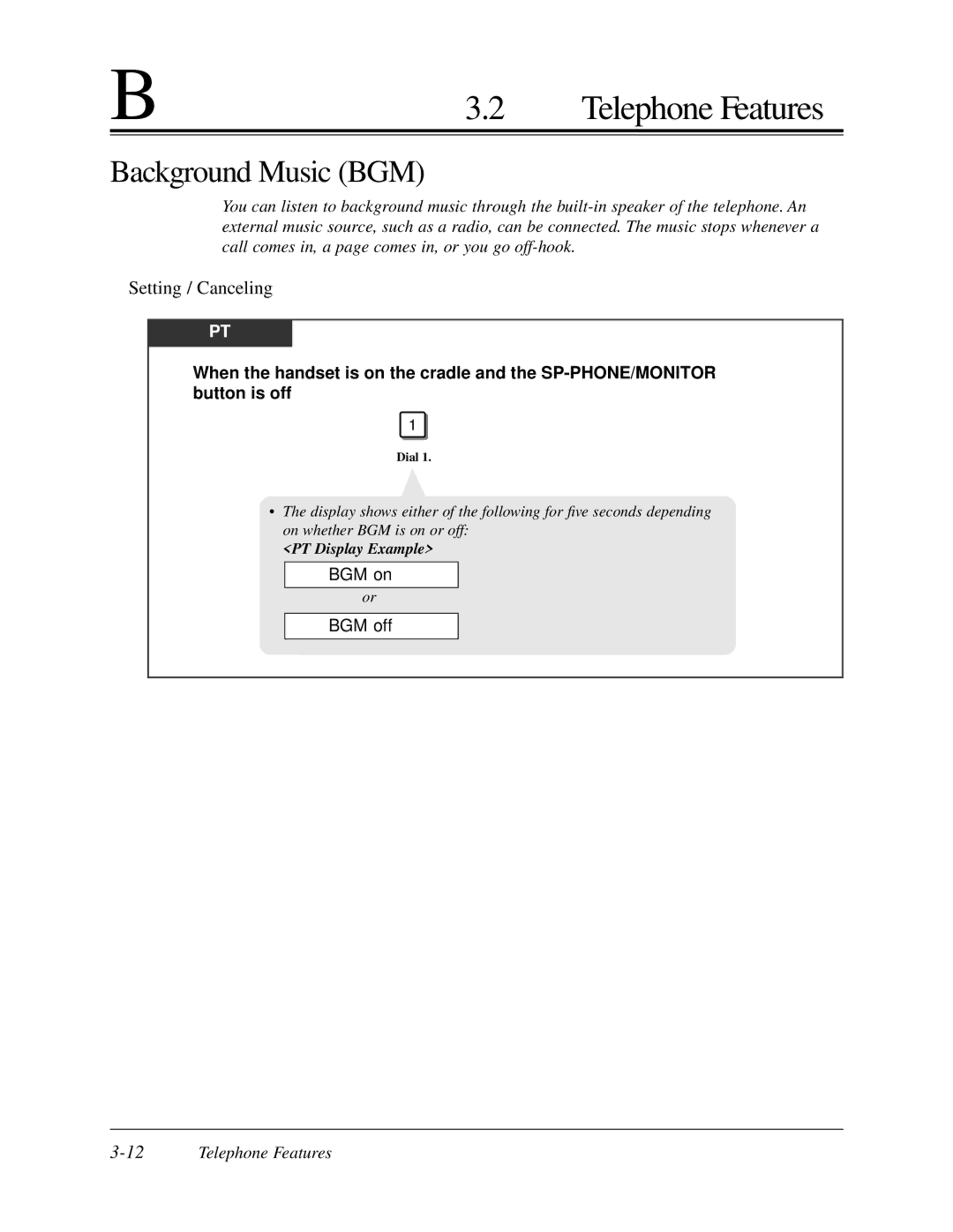 Panasonic KX-TA624 user manual Background Music BGM, Setting / Canceling, BGM on BGM off, 12Telephone Features 