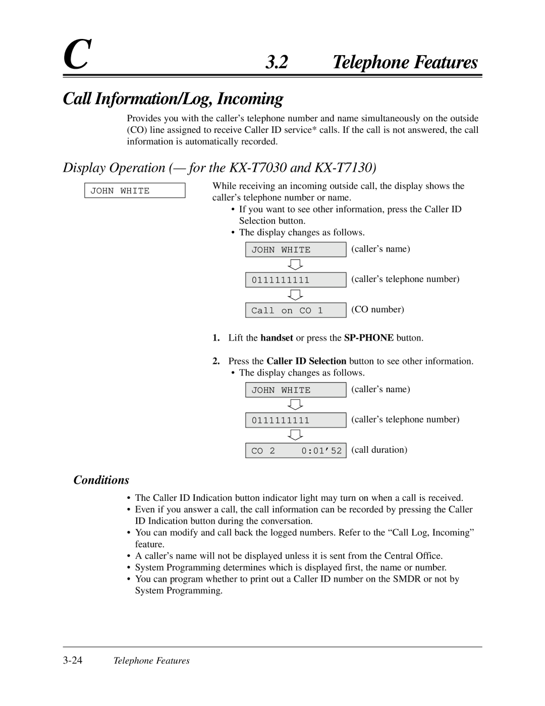 Panasonic KX-TA624 user manual Call Information/Log, Incoming, Call on CO, 0111111111, 001’52, 24Telephone Features 