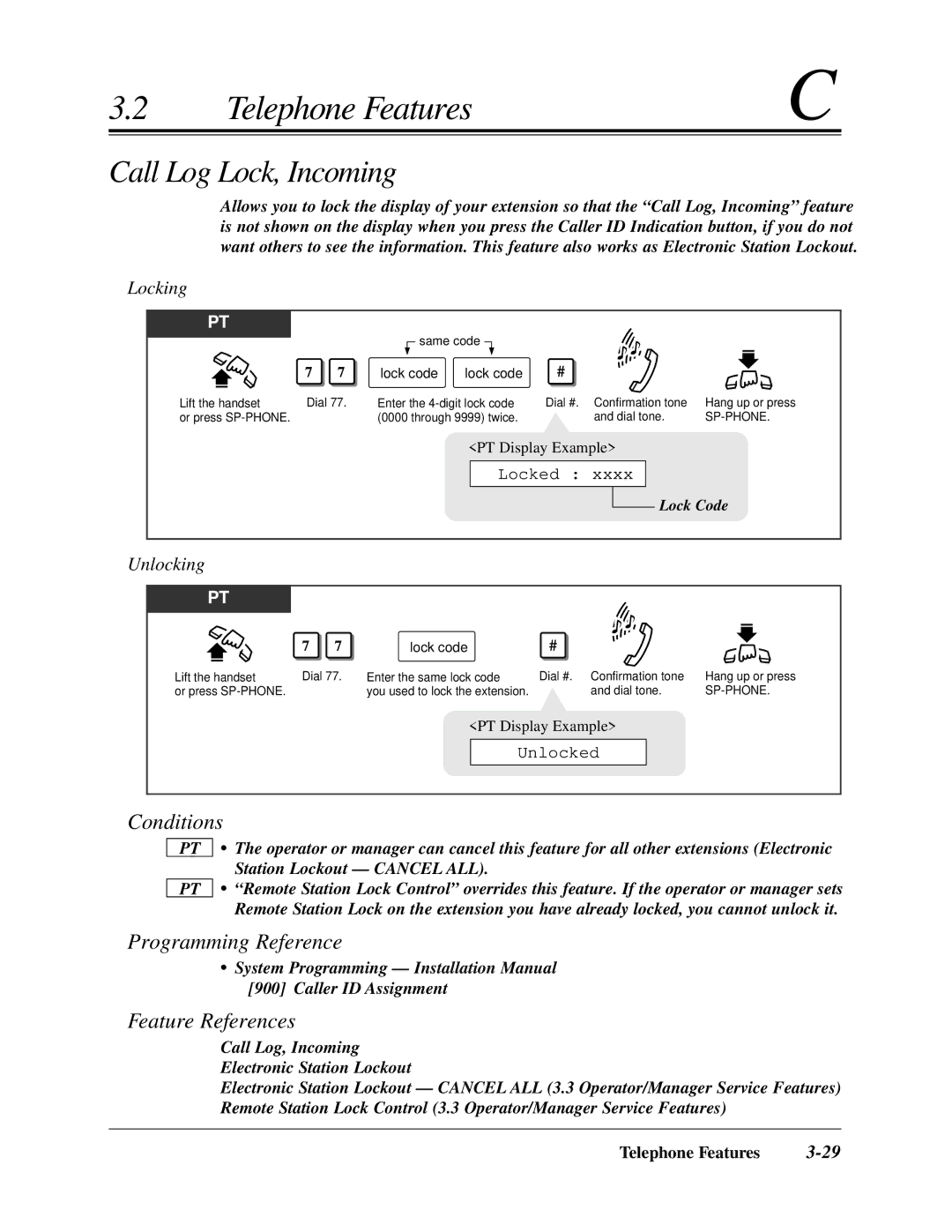 Panasonic KX-TA624 user manual Call Log Lock, Incoming, Locking, Unlocking, Locked, Unlocked 