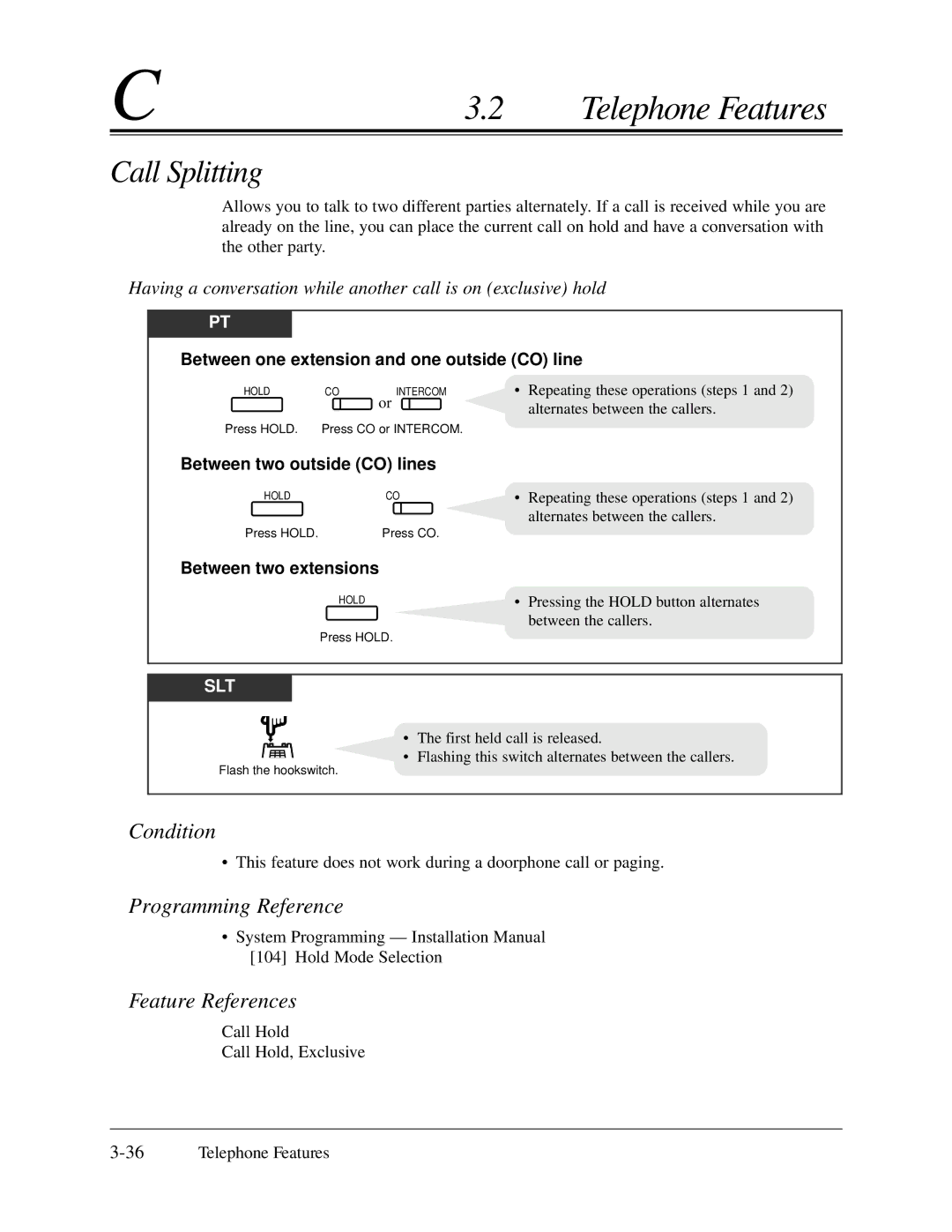Panasonic KX-TA624 user manual Call Splitting, Between one extension and one outside CO line, Between two outside CO lines 
