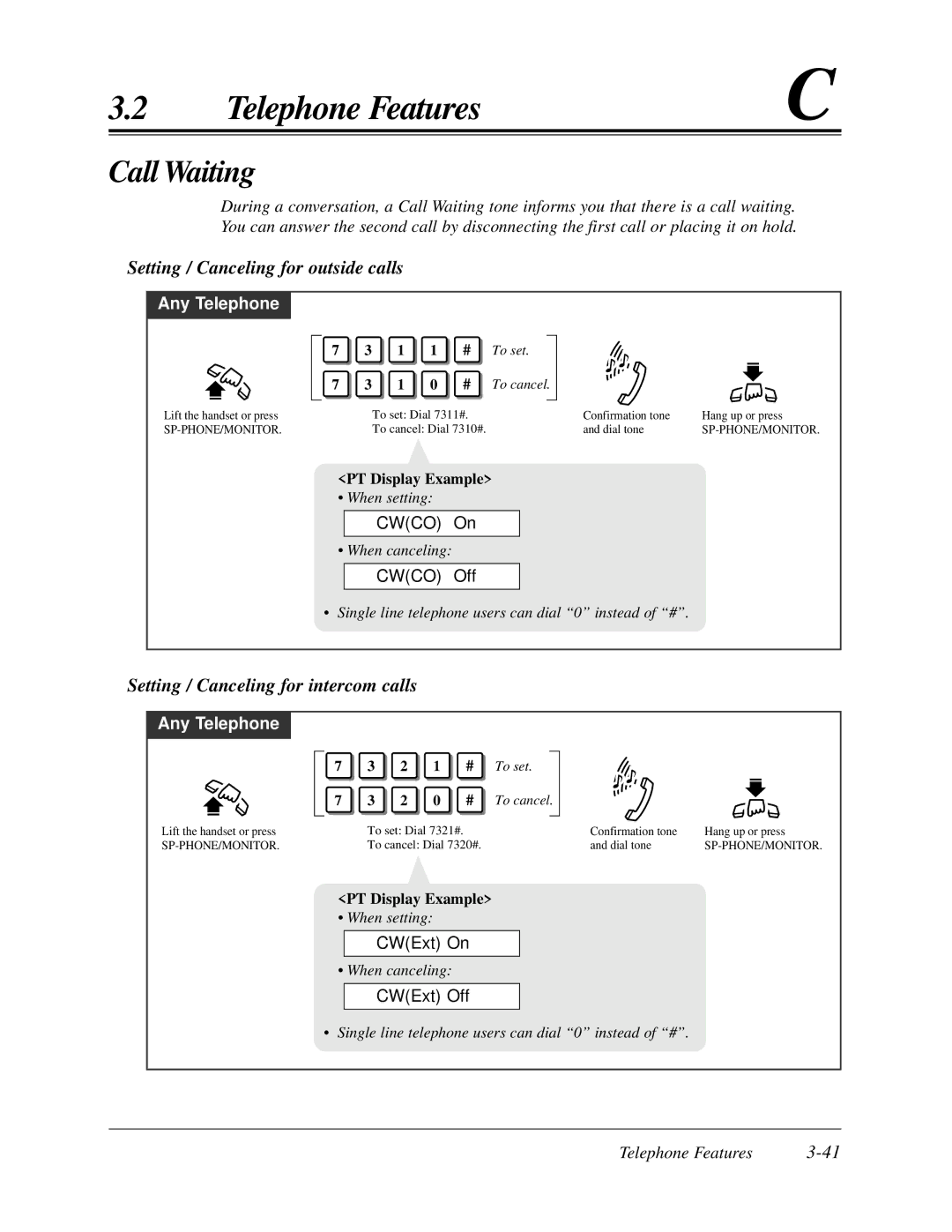 Panasonic KX-TA624 user manual Call Waiting, Setting / Canceling for outside calls, Setting / Canceling for intercom calls 