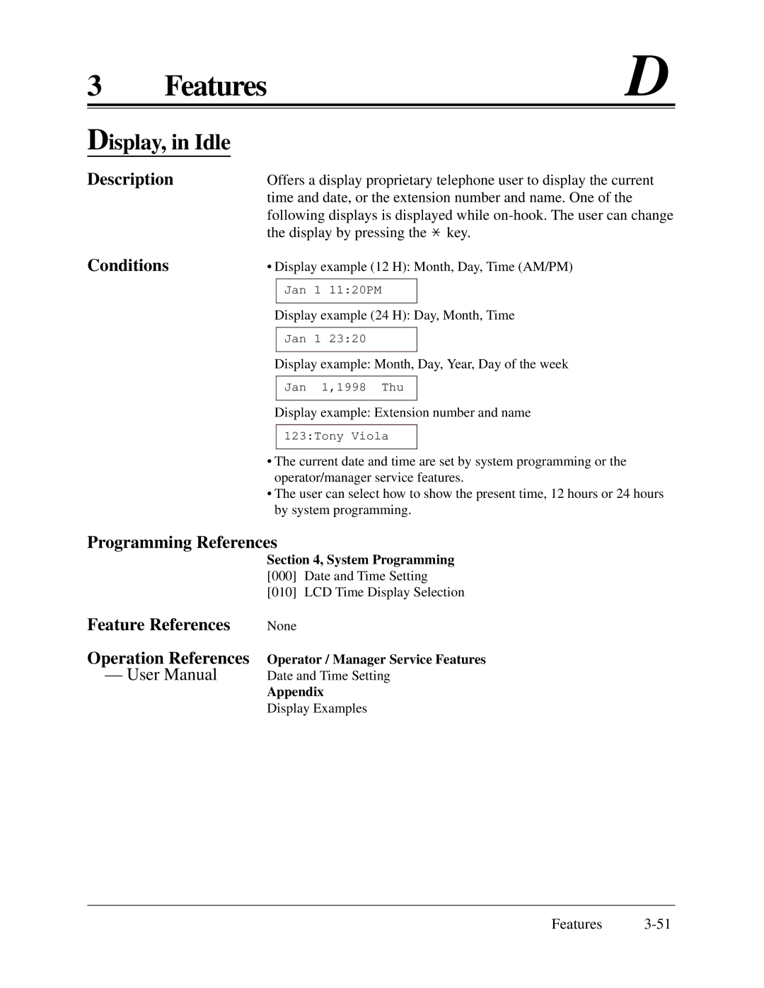 Panasonic KX-TA624 installation manual Display, in Idle, Description Conditions 