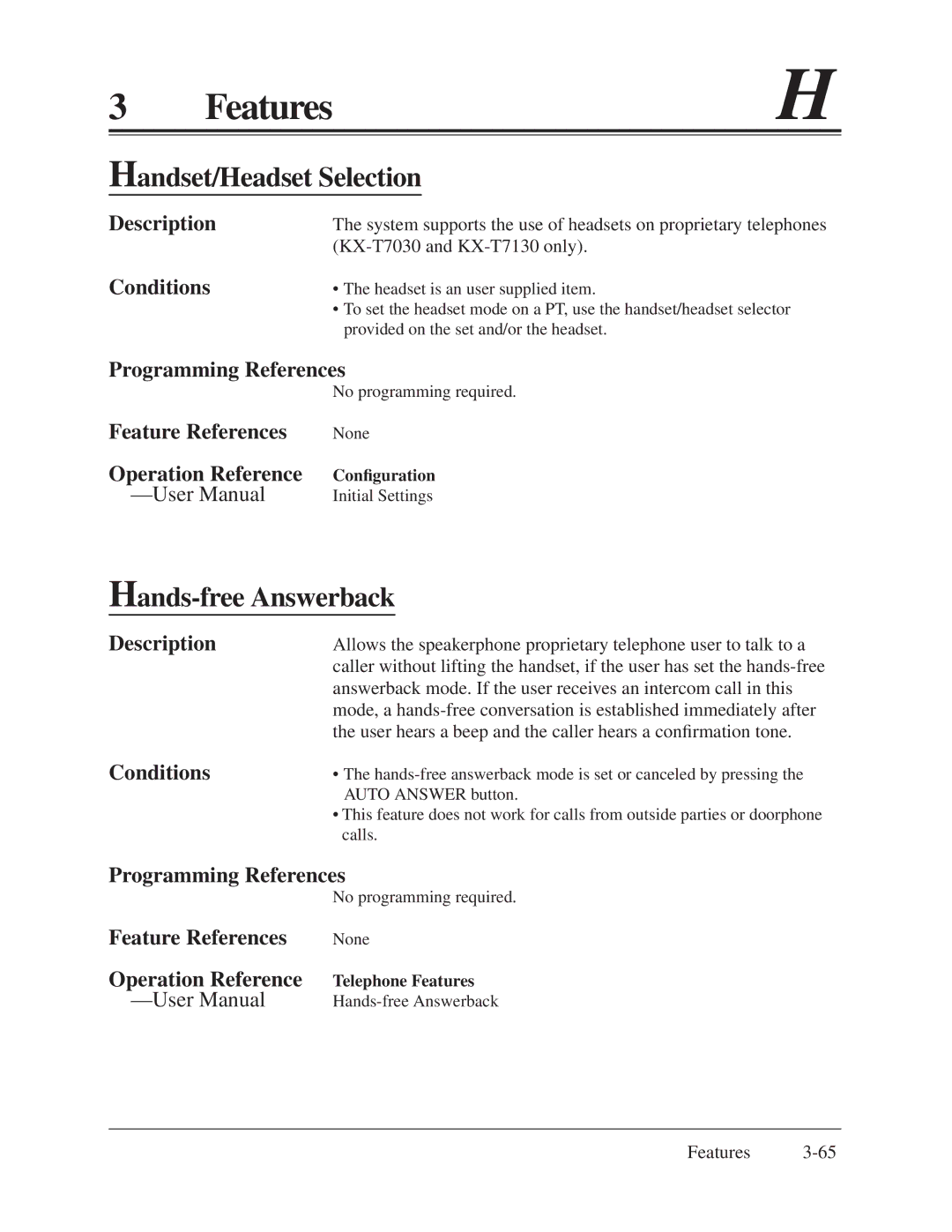 Panasonic KX-TA624 installation manual Handset/Headset Selection, Hands-free Answerback 