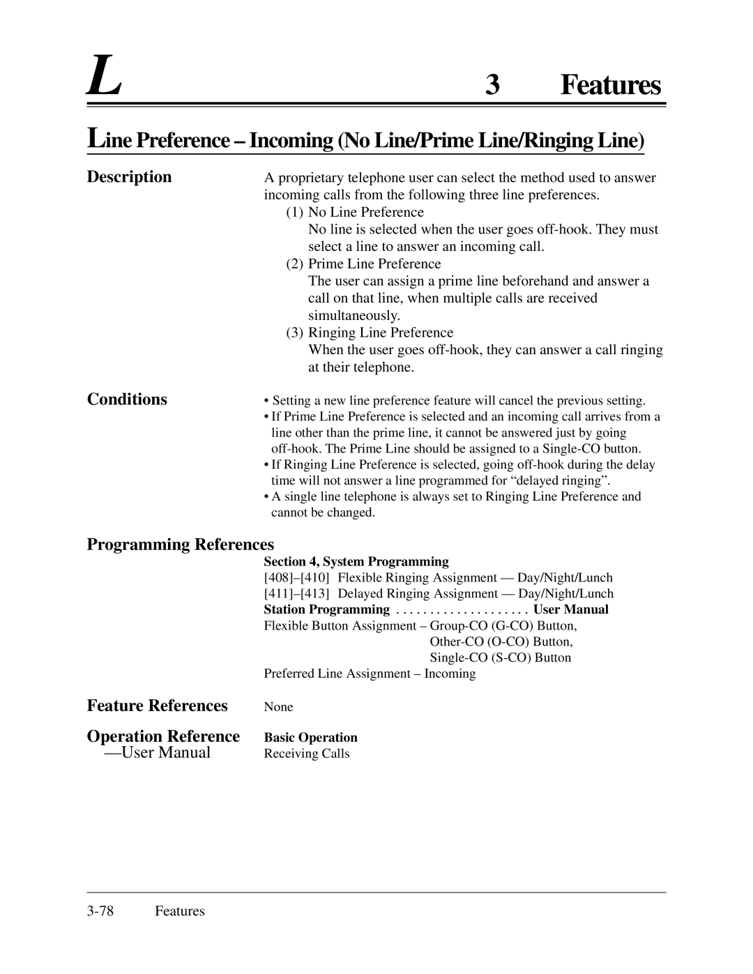 Panasonic KX-TA624 installation manual Line Preference Incoming No Line/Prime Line/Ringing Line 