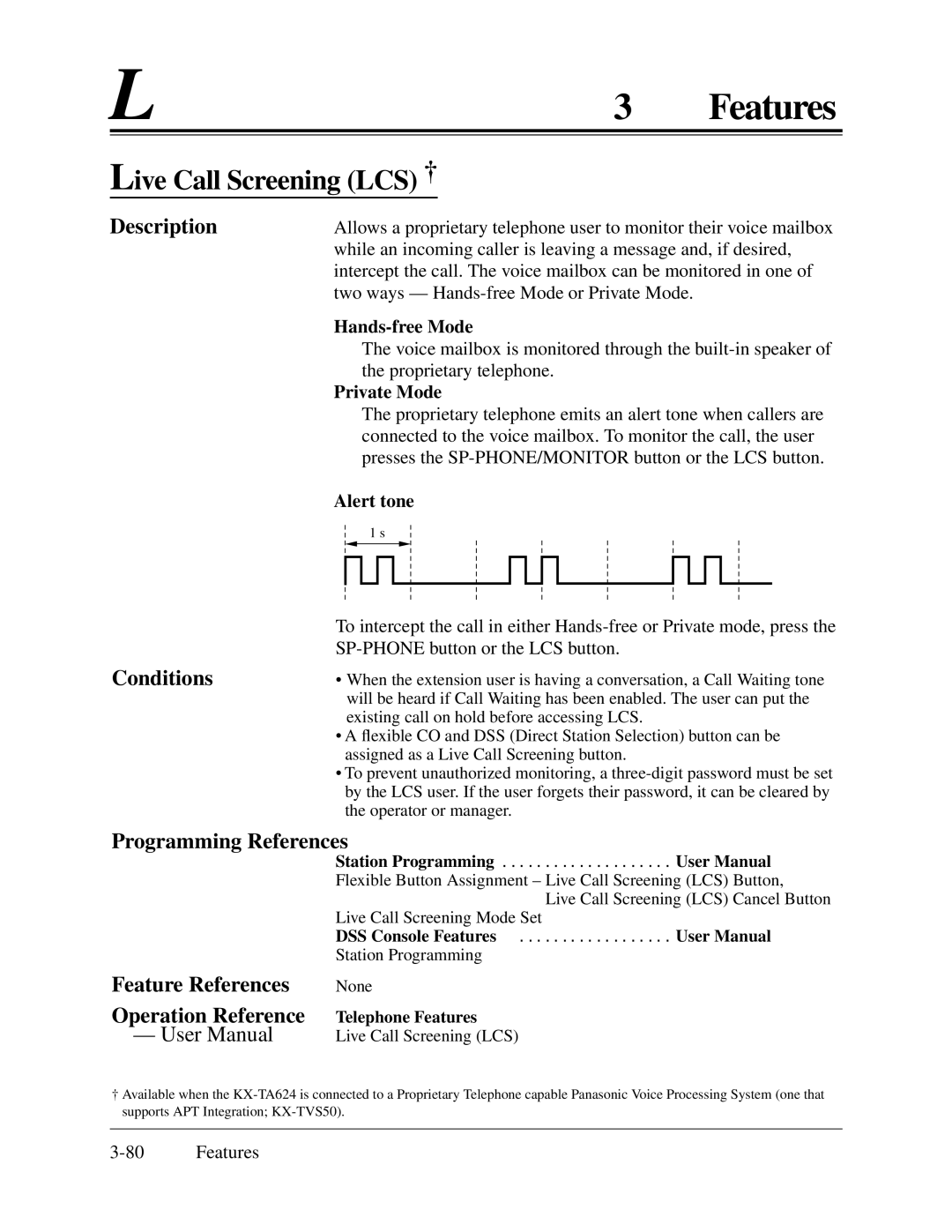 Panasonic KX-TA624 installation manual Live Call Screening LCS †, Hands-free Mode, Private Mode, Alert tone 