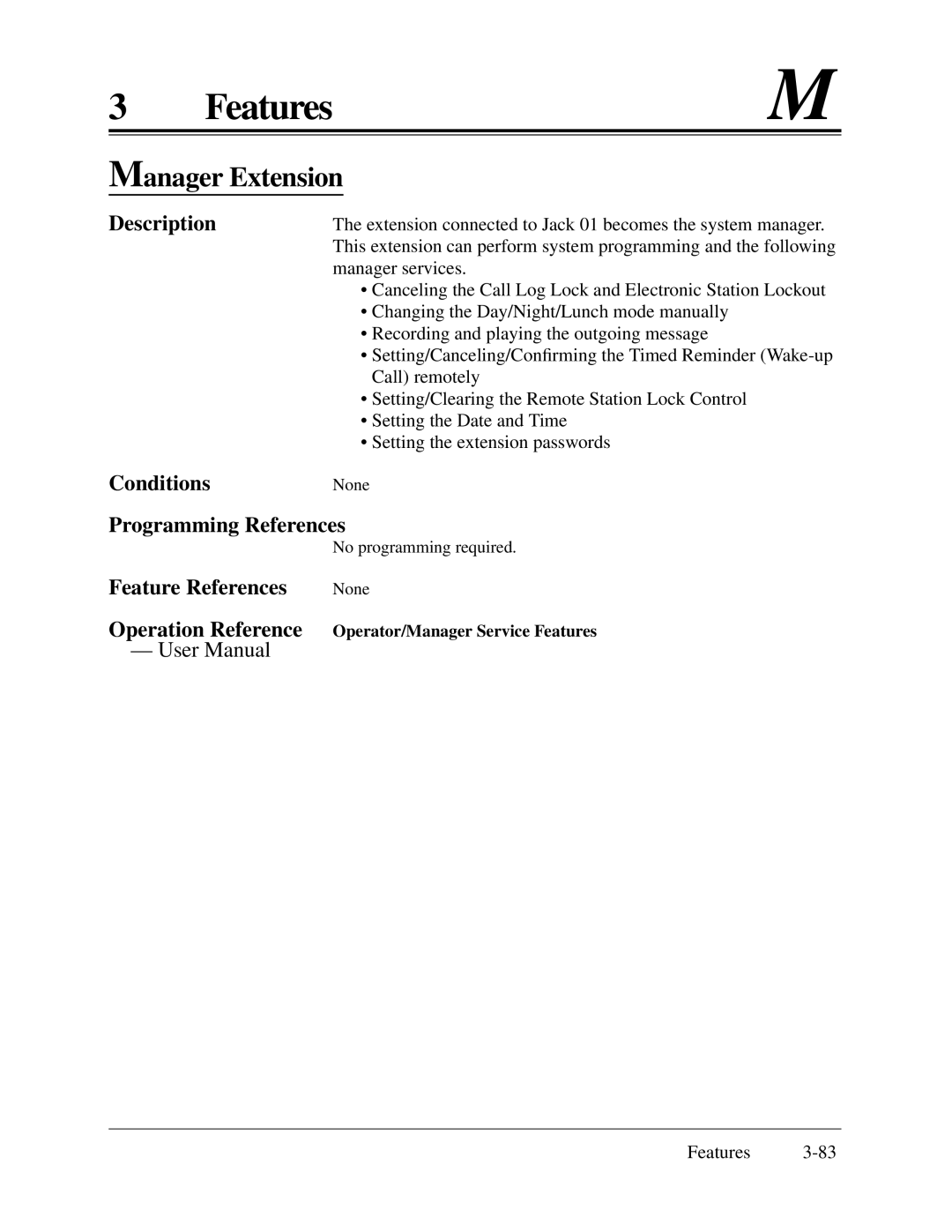 Panasonic KX-TA624 installation manual Manager Extension, ConditionsNone Programming References 