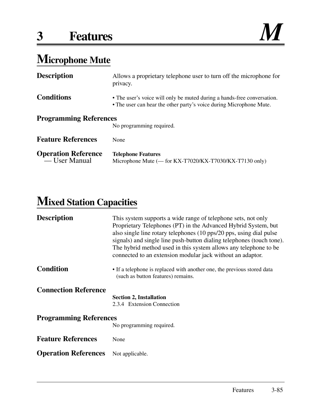 Panasonic KX-TA624 installation manual Microphone Mute, Mixed Station Capacities, Condition Connection Reference 