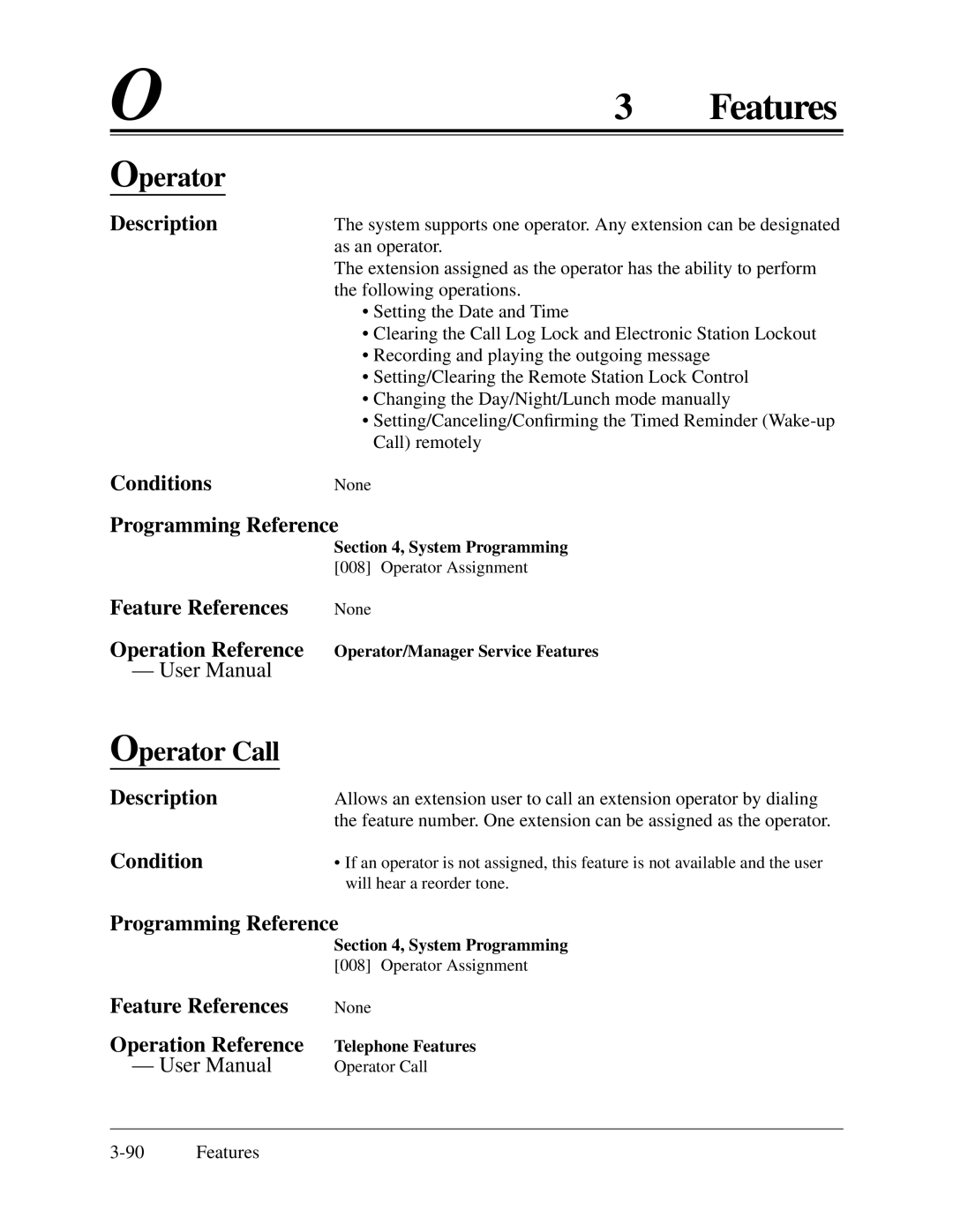 Panasonic KX-TA624 installation manual Operator Call, Description Condition 