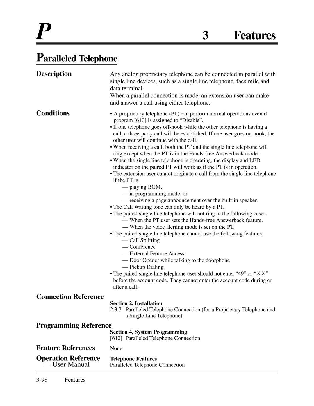 Panasonic KX-TA624 installation manual Paralleled Telephone, Programming Reference Feature References Operation Reference 