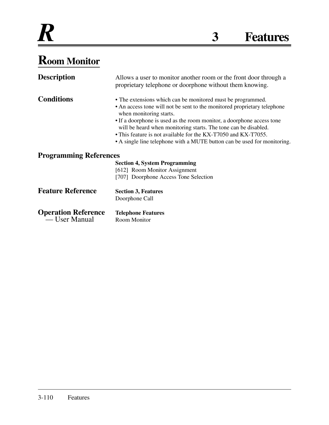 Panasonic KX-TA624 installation manual Room Monitor, Programming References Feature Reference Operation Reference 