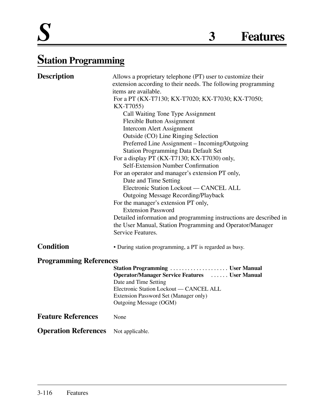 Panasonic KX-TA624 installation manual Station Programming, Condition 