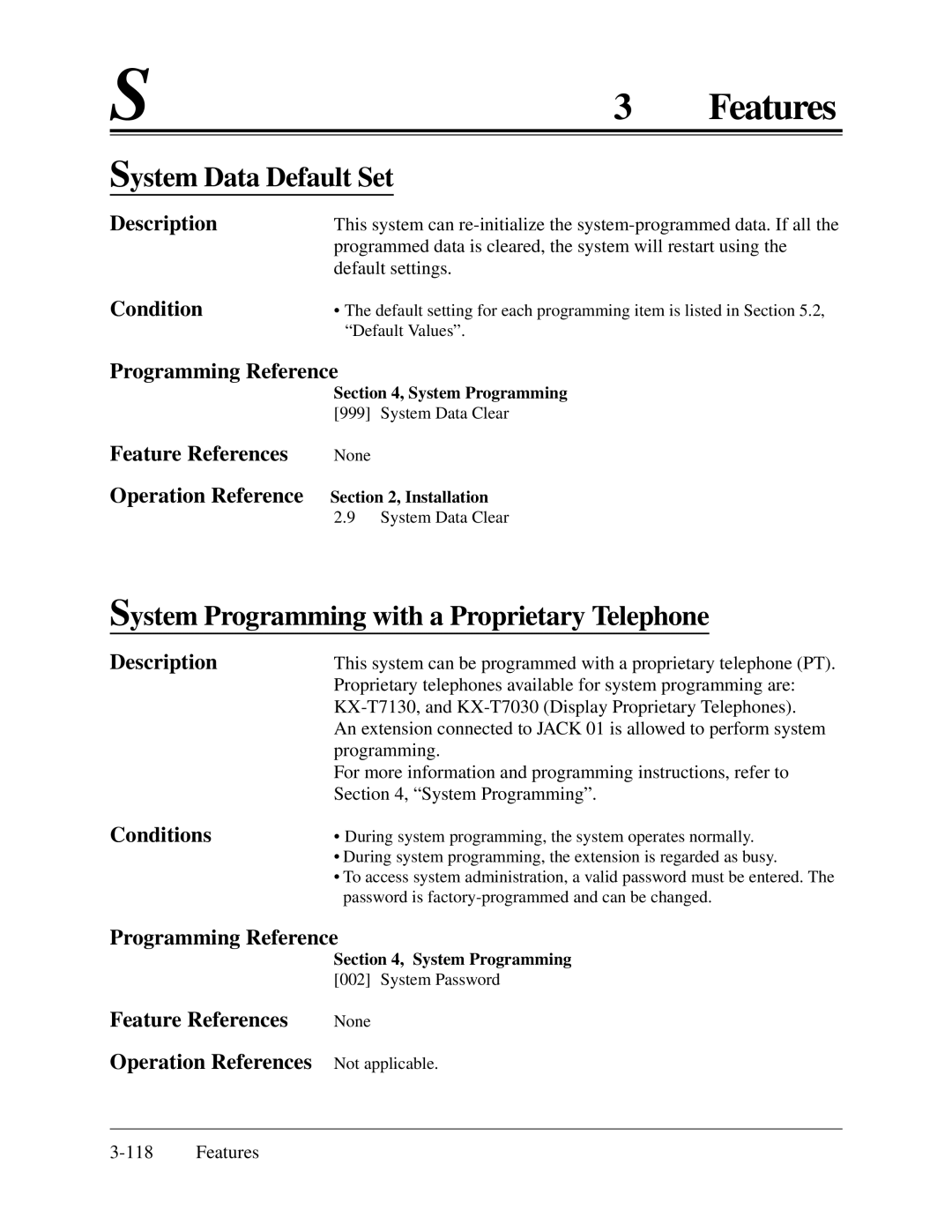 Panasonic KX-TA624 installation manual System Data Default Set, System Programming with a Proprietary Telephone 