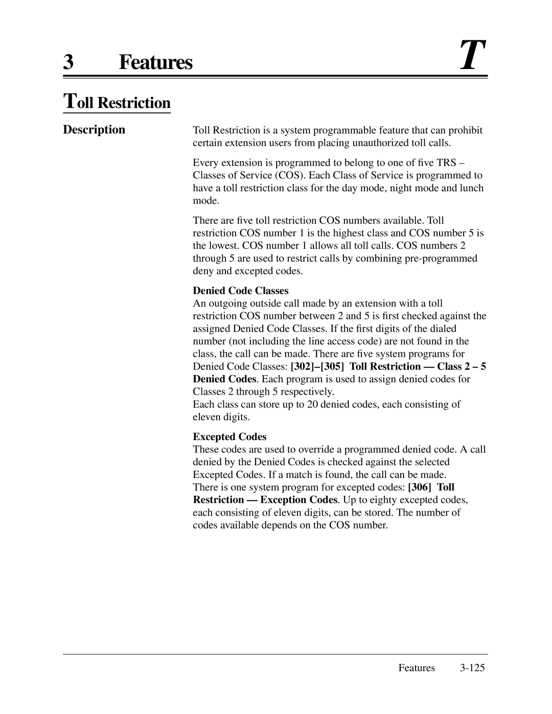 Panasonic KX-TA624 installation manual Toll Restriction, Denied Code Classes, Excepted Codes 