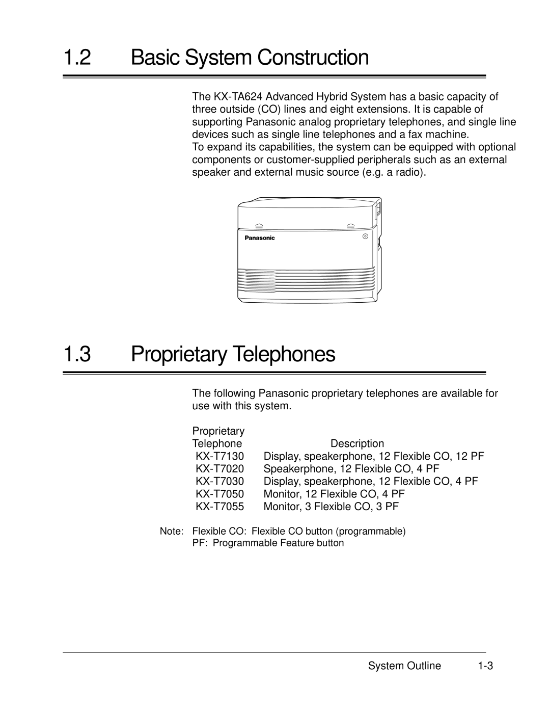 Panasonic KX-TA624 installation manual Basic System Construction, Proprietary Telephones, Proprietary TelephoneDescription 