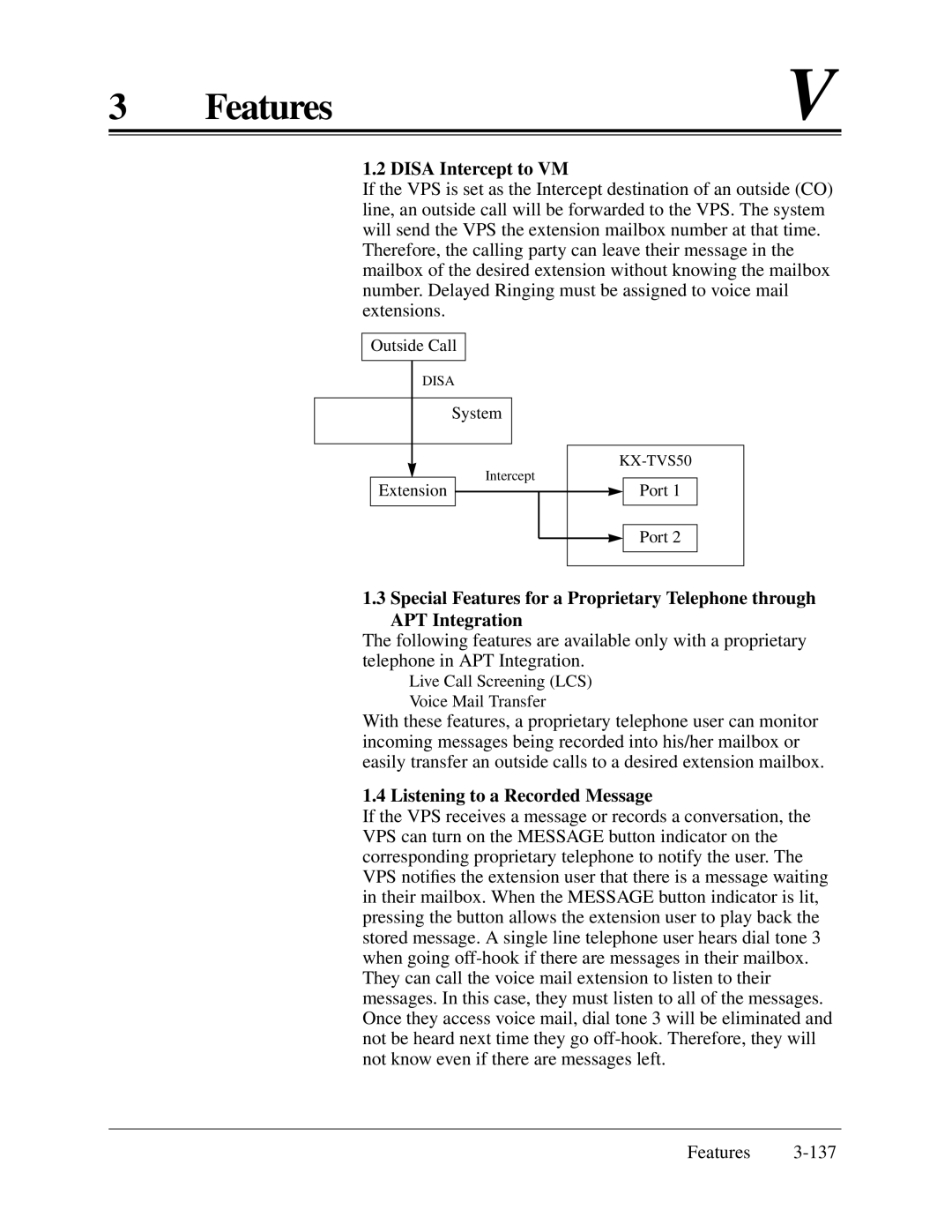 Panasonic KX-TA624 installation manual Disa Intercept to VM, Listening to a Recorded Message 