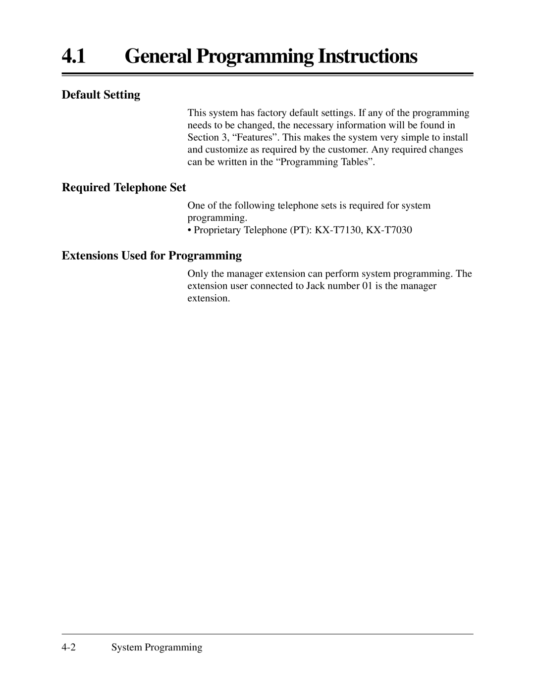 Panasonic KX-TA624 installation manual General Programming Instructions, Default Setting, Required Telephone Set 