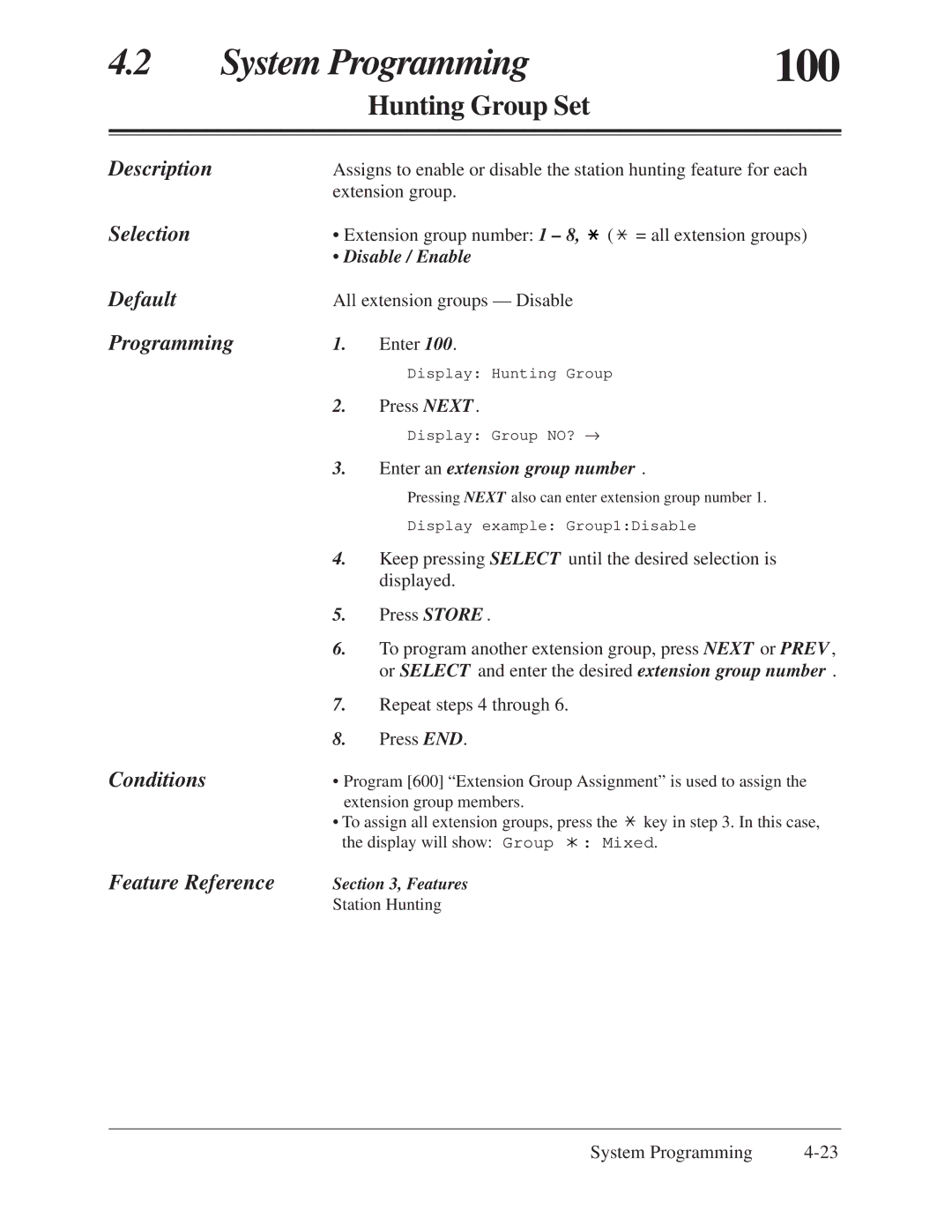 Panasonic KX-TA624 installation manual 100, Hunting Group Set, Disable / Enable, Enter an extension group number 