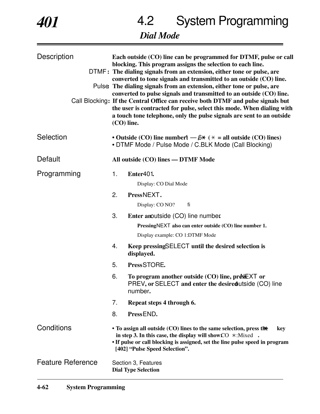 Panasonic KX-TA624 installation manual 401, Dial Mode, Dtmf Mode / Pulse Mode / C.BLK Mode Call Blocking, Number 