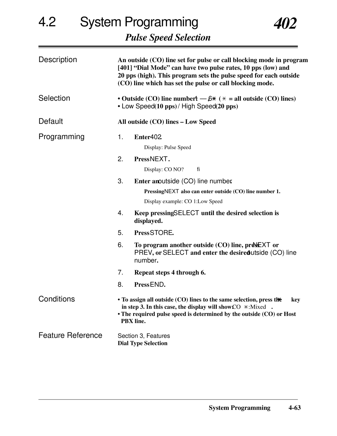 Panasonic KX-TA624 installation manual 402, Pulse Speed Selection, Low Speed 10 pps / High Speed 20 pps 