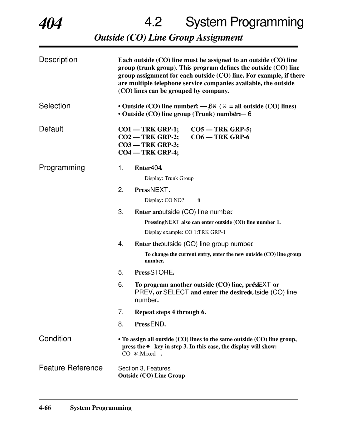 Panasonic KX-TA624 installation manual 404, Programming Condition Feature Reference, Enter the outside CO line group number 