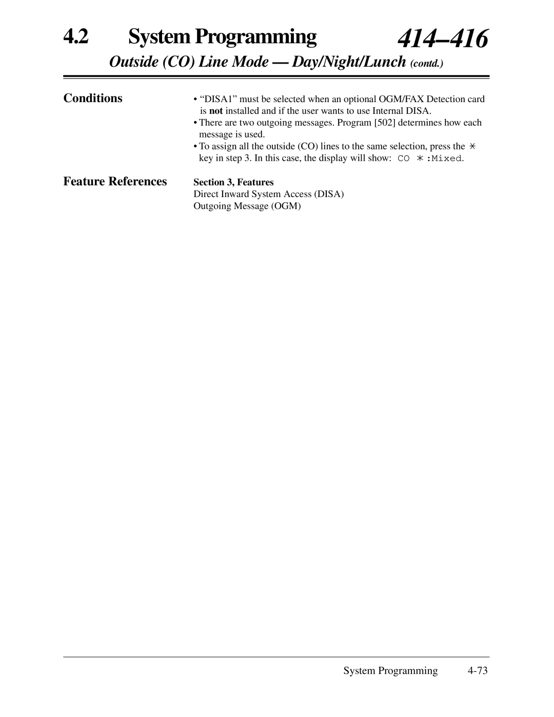 Panasonic KX-TA624 installation manual 414-416, Outside CO Line Mode Day/Night/Lunch contd 