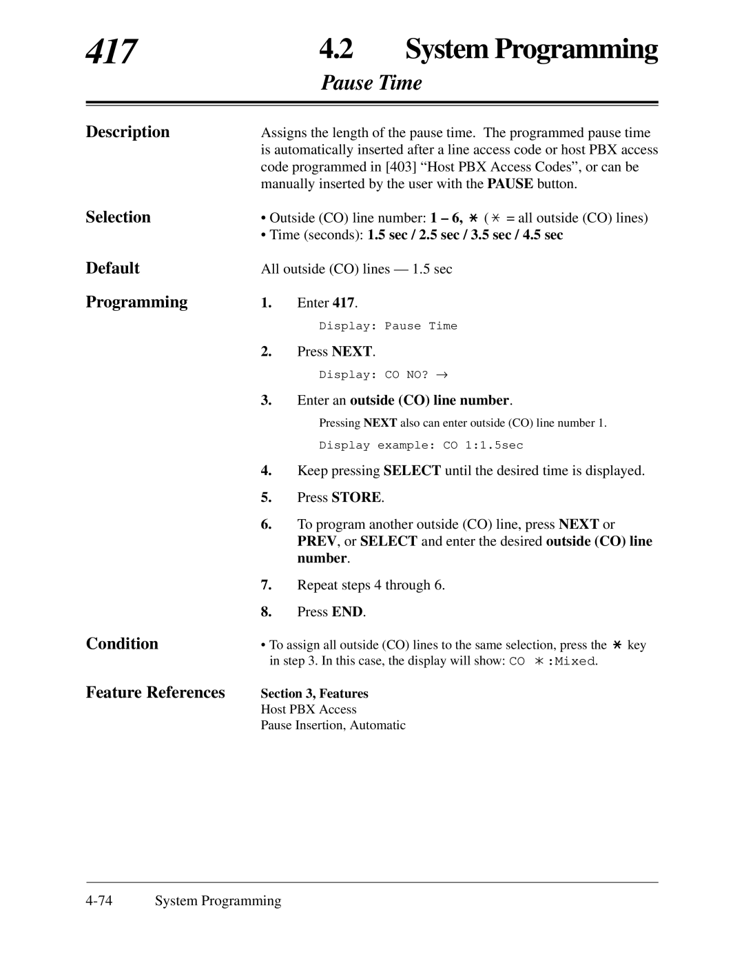 Panasonic KX-TA624 installation manual 417, Pause Time, Selection Default Programming Condition Feature References 