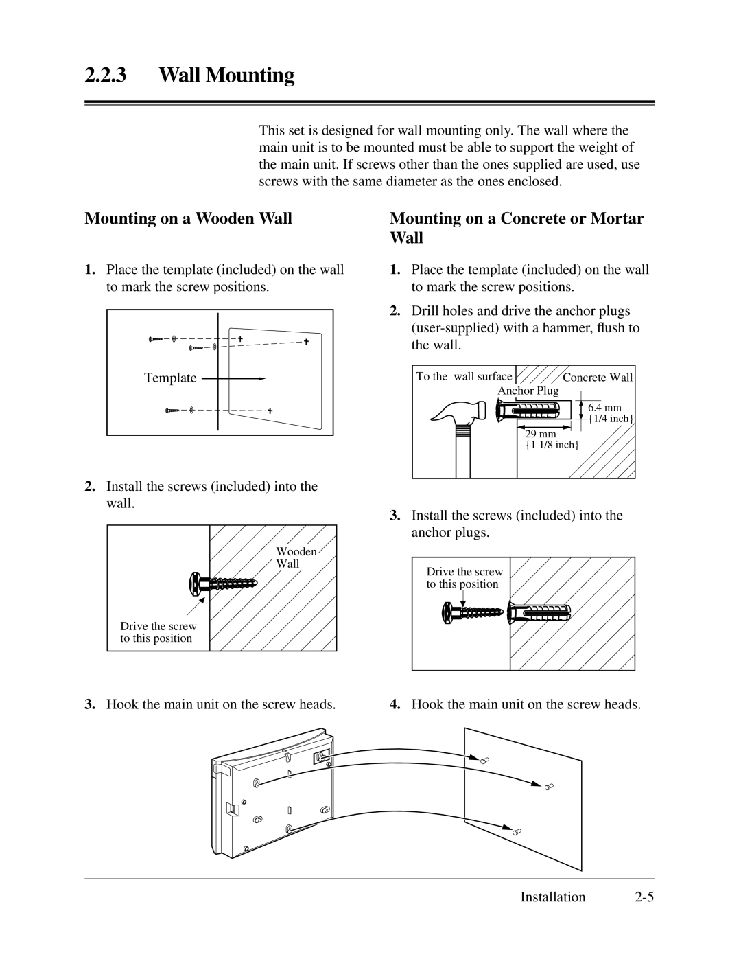 Panasonic KX-TA624 installation manual Wall Mounting, Mounting on a Wooden Wall, Mounting on a Concrete or Mortar Wall 