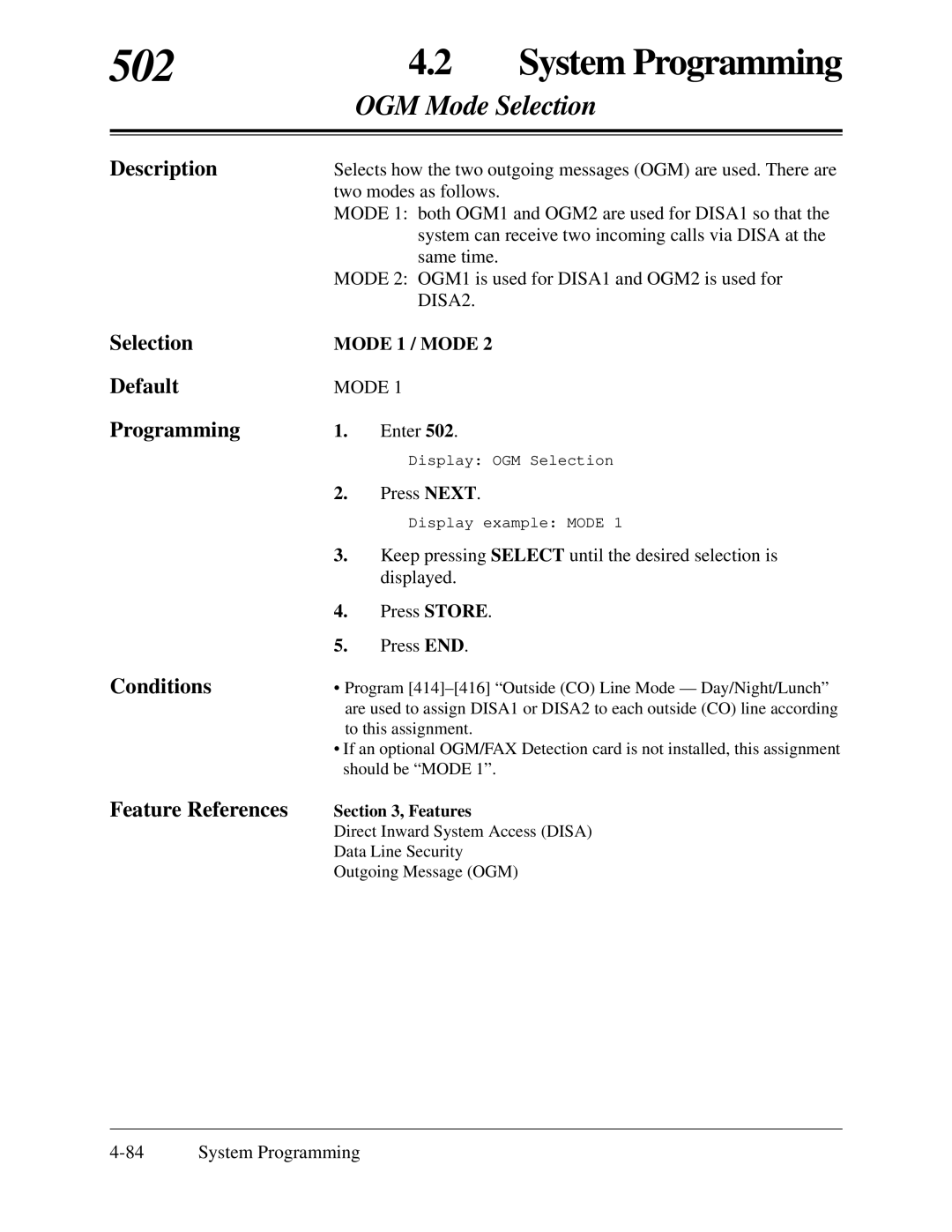 Panasonic KX-TA624 installation manual 502, OGM Mode Selection 