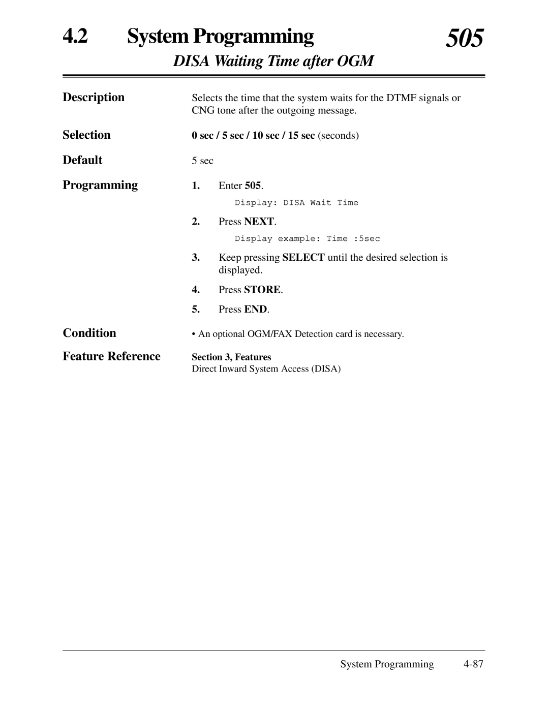 Panasonic KX-TA624 installation manual 505, Disa Waiting Time after OGM, Sec / 5 sec / 10 sec / 15 sec seconds 